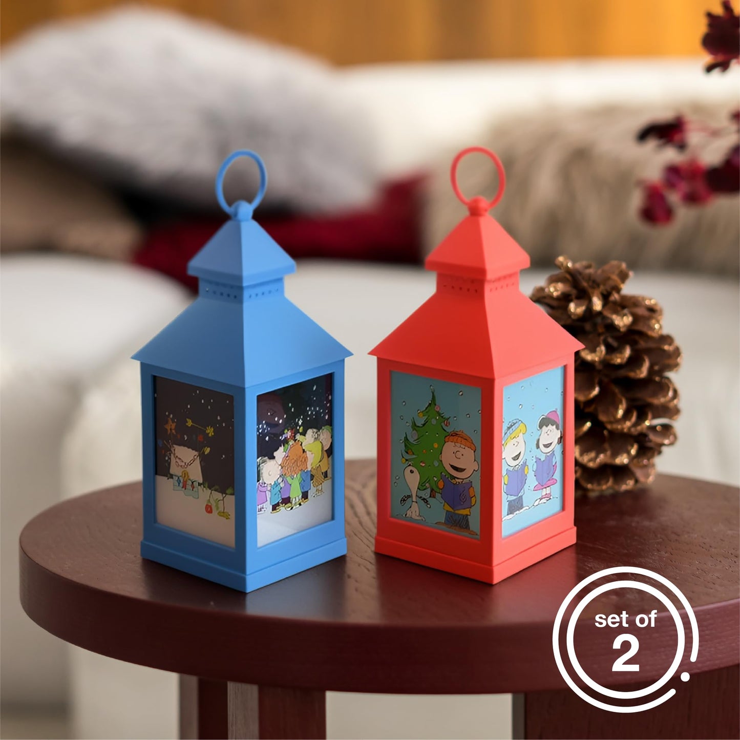 Mark Feldstein, Peanuts Christmas Holiday Flamless LED Tabletop Lanterns, Red and Blue, 9.5 Inch (Set of 2)