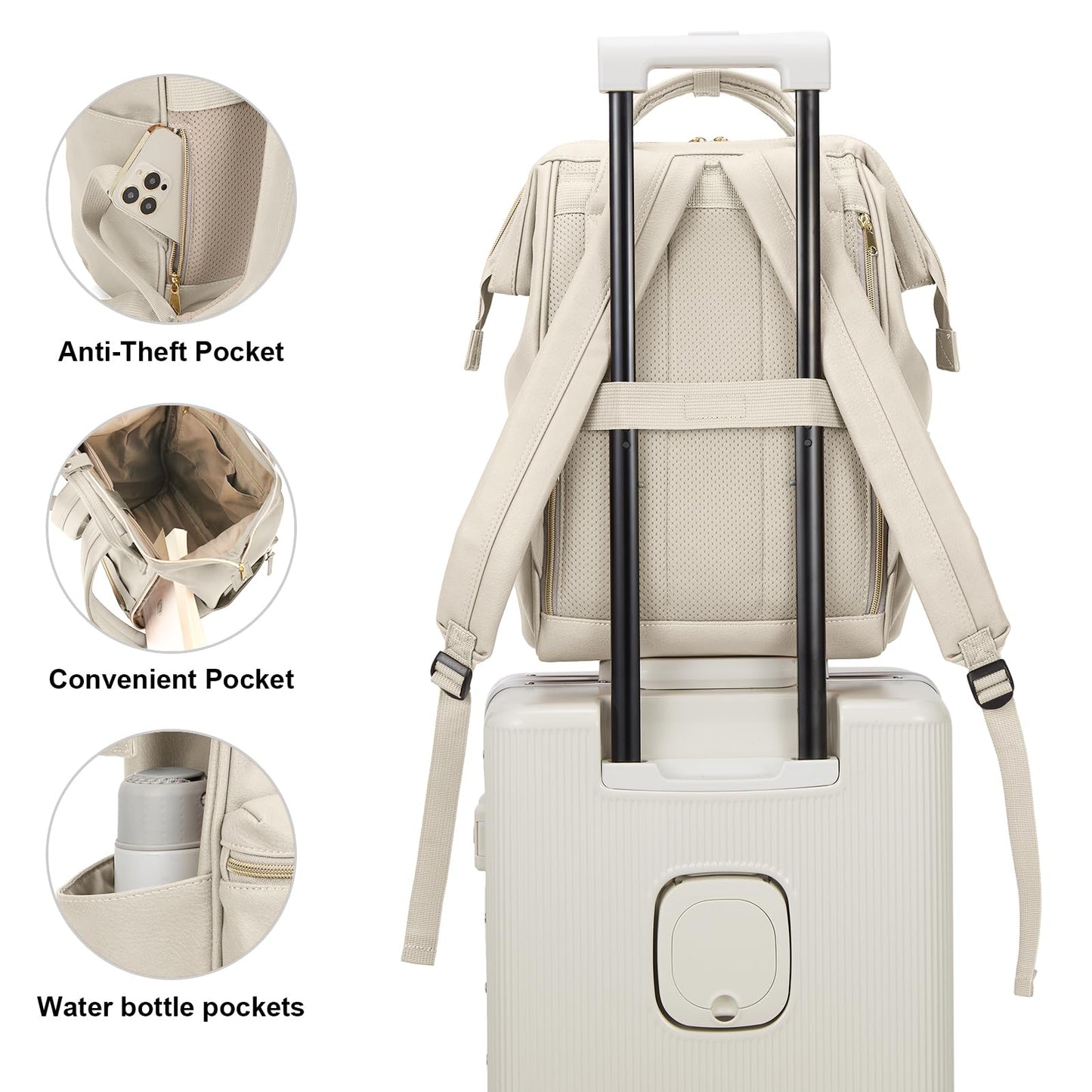 Kah&Kee Leather Laptop Backpack for Women, 14-15 Inch Professional Work Bag, Water-Resistant Vegan Leather Doctor Bag Backpack for Teacher, Nurse & Travel, Fits MacBook Air 15 (Ivory,Medium)