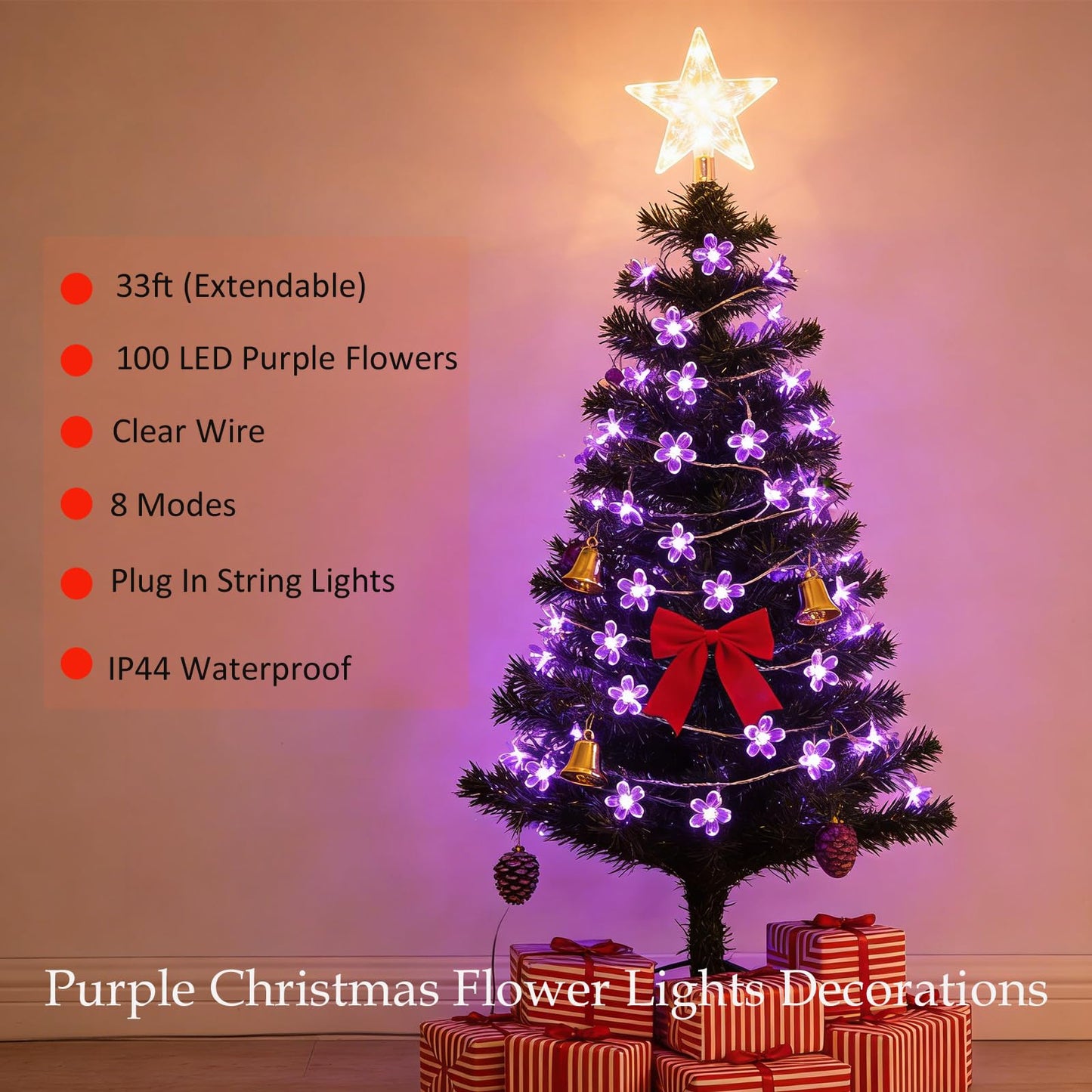 Decorative Connectable 33ft Purple Flower String Lights with 100 LEDs, Memory Function & 8 Modes. Perfect for Bedroom, Christmas, Weddings, Valentine's & Garden Indoor Outdoor Hanging Decorations