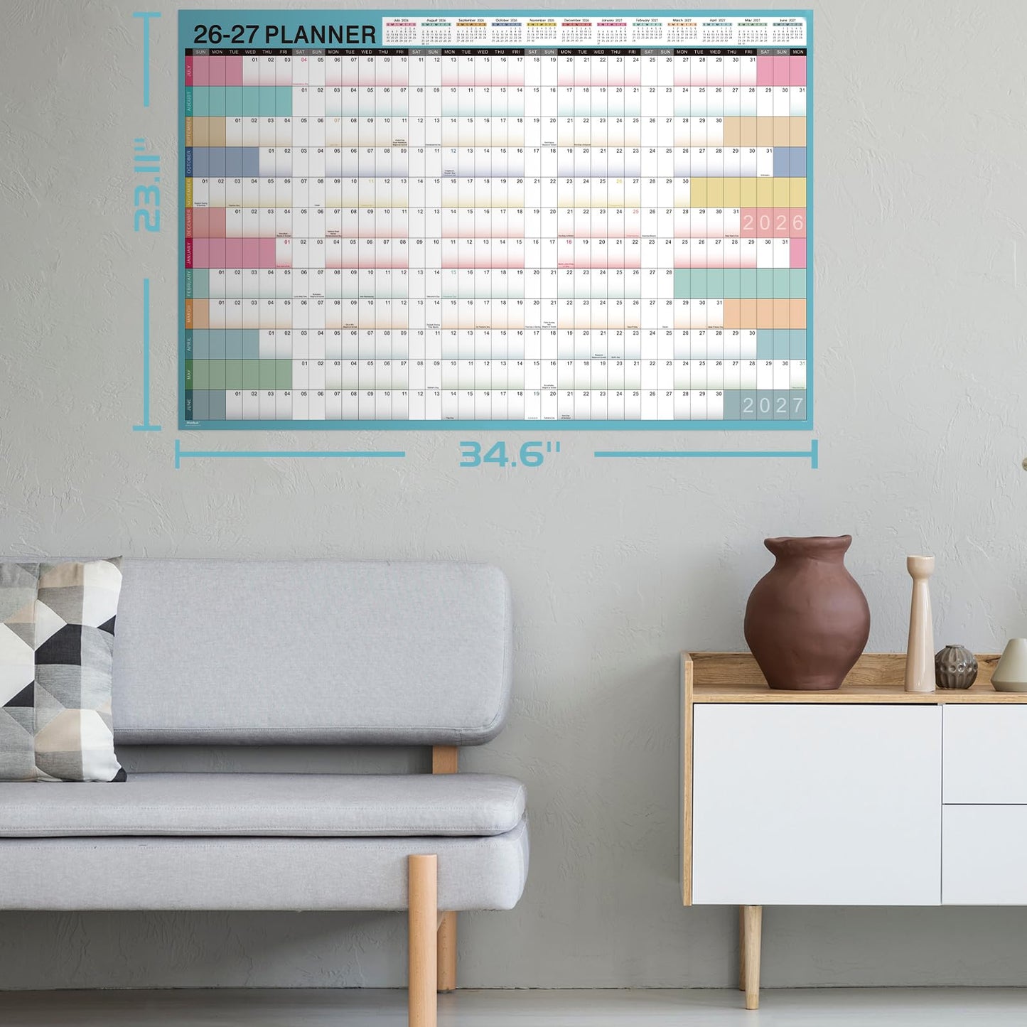 2026-2027 Yearly Wall Calendar - Calendar 2026-2027, Yearly Wall Calendar, July 2026 - June 2027, 23.1" x 34.6" (Open), Wall Calendar 12 Month, Julian Dates, Thick Paper, Round Stickers