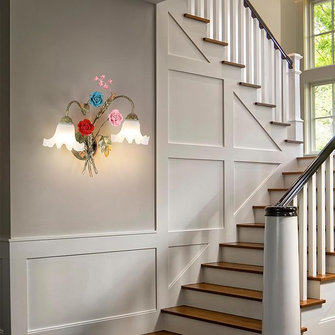 Vintage Floral Wall Sconce,Metal Wall Lamp with 2 Glass Lampshade,Mounted Wall Lamps for Bedroom Living Room Corridor Vanity Hallway E26 Wall Art Scones 48 * 42Cm