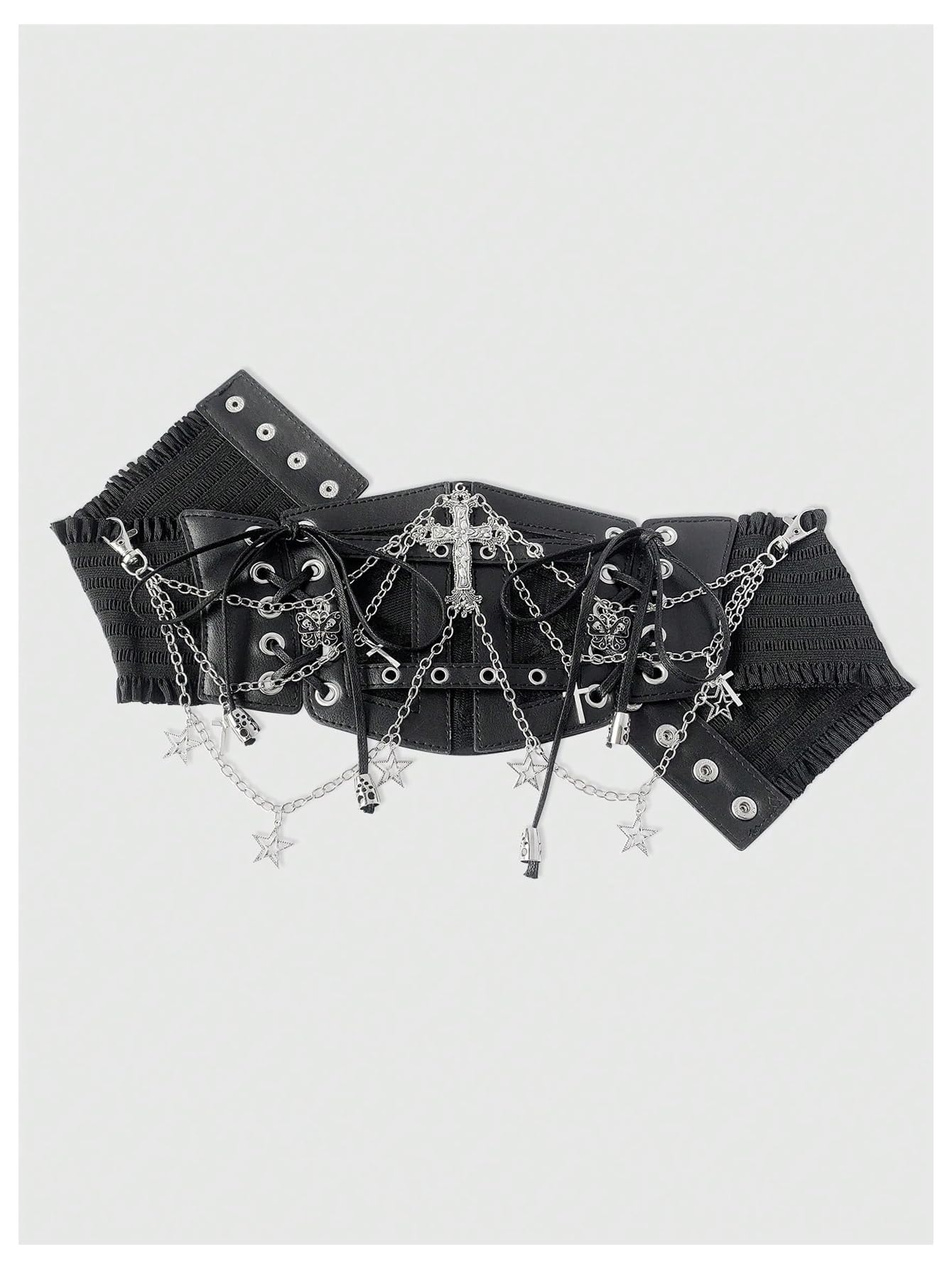 WDIRARA Women's Faux Leather Corset Belt Chain Goth Punk Cross Lace Up Side Elastic Waist Corset Black Medium