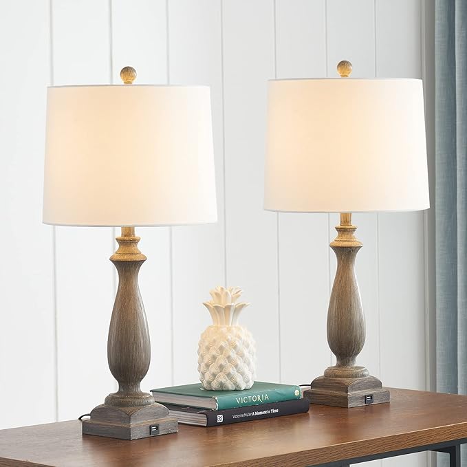 26'' Traditional Table Lamps Set of 2 with USB Charging Port, 3-Way Dimmable Rustic Farmhouse Resin Bedside Lamps for Bedroom, Vintage Nightstand Desk Lamp for Living Room &White Linen Shade