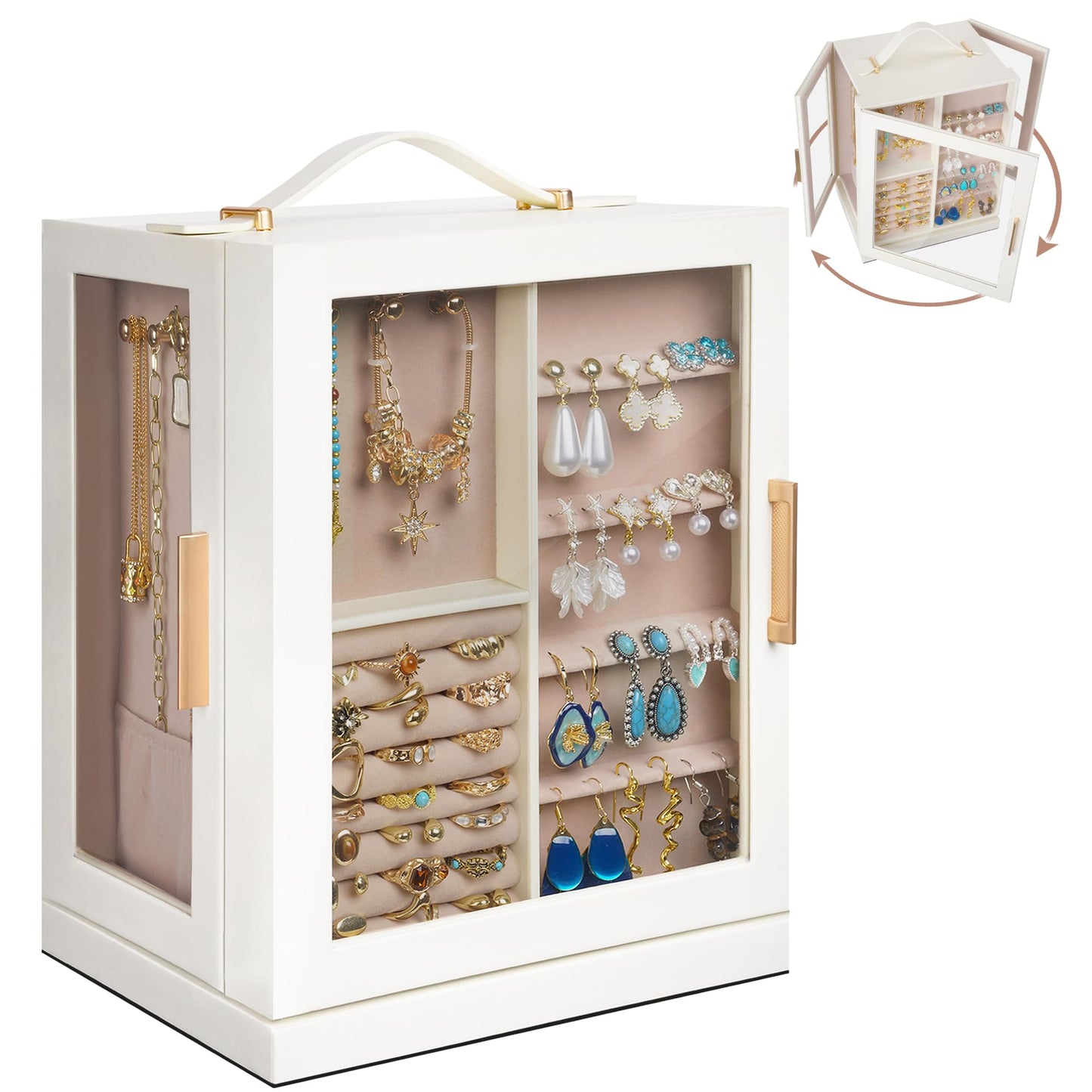 DUMIROICS 360° Rotating 5‑Drawers Jewelry Box with Top Handle & Glass Window, Spacious Vertical Jewelry Organizer, Jewelry Storage Case, Dustproof & Moisture‑resistant Design. (White)