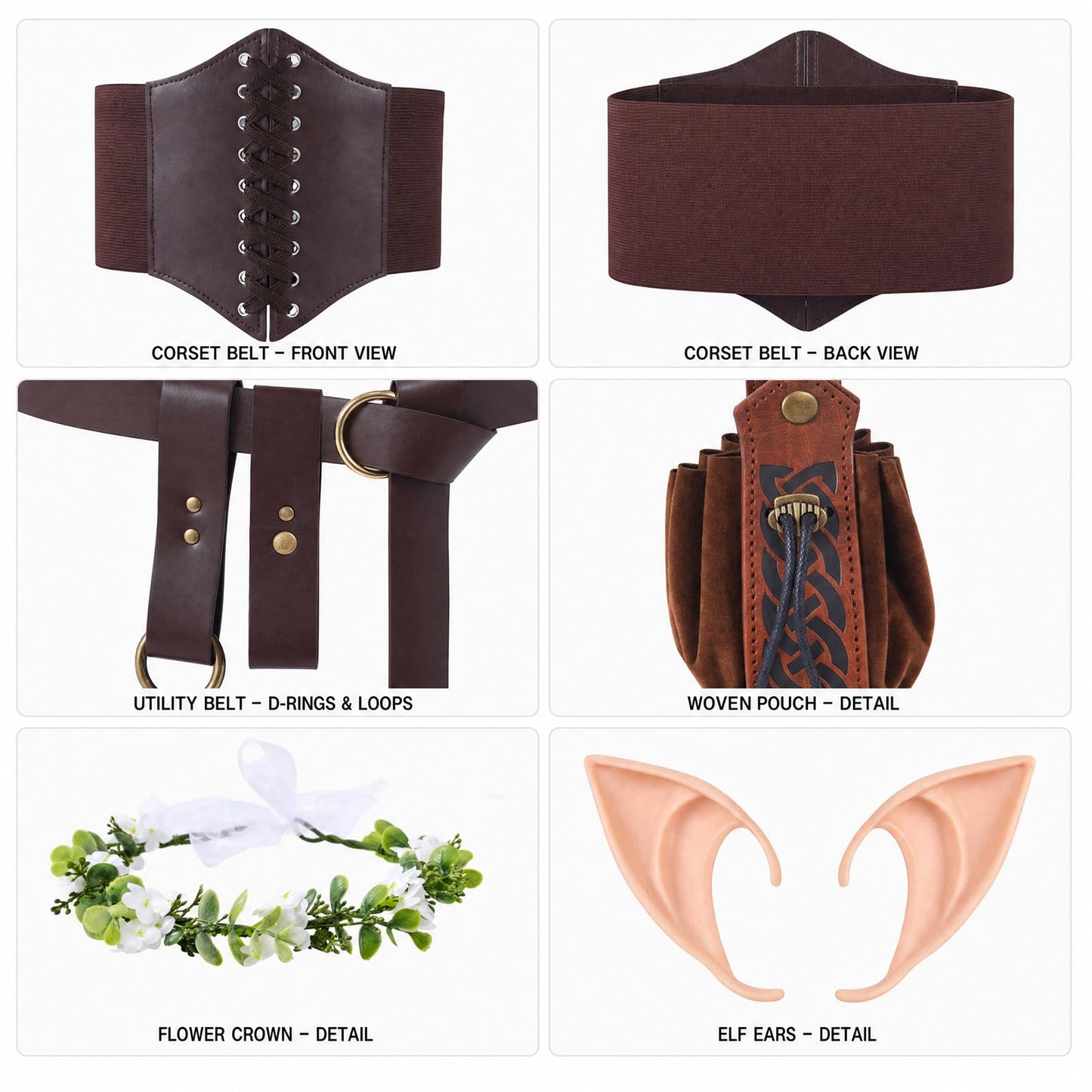 BAROROBA Renaissance Accessories for Women, Medieval Ren Faire Corset Belt Pouch Headpiece Ears Pirate Waist Corset Halloween Viking Cosplay Set