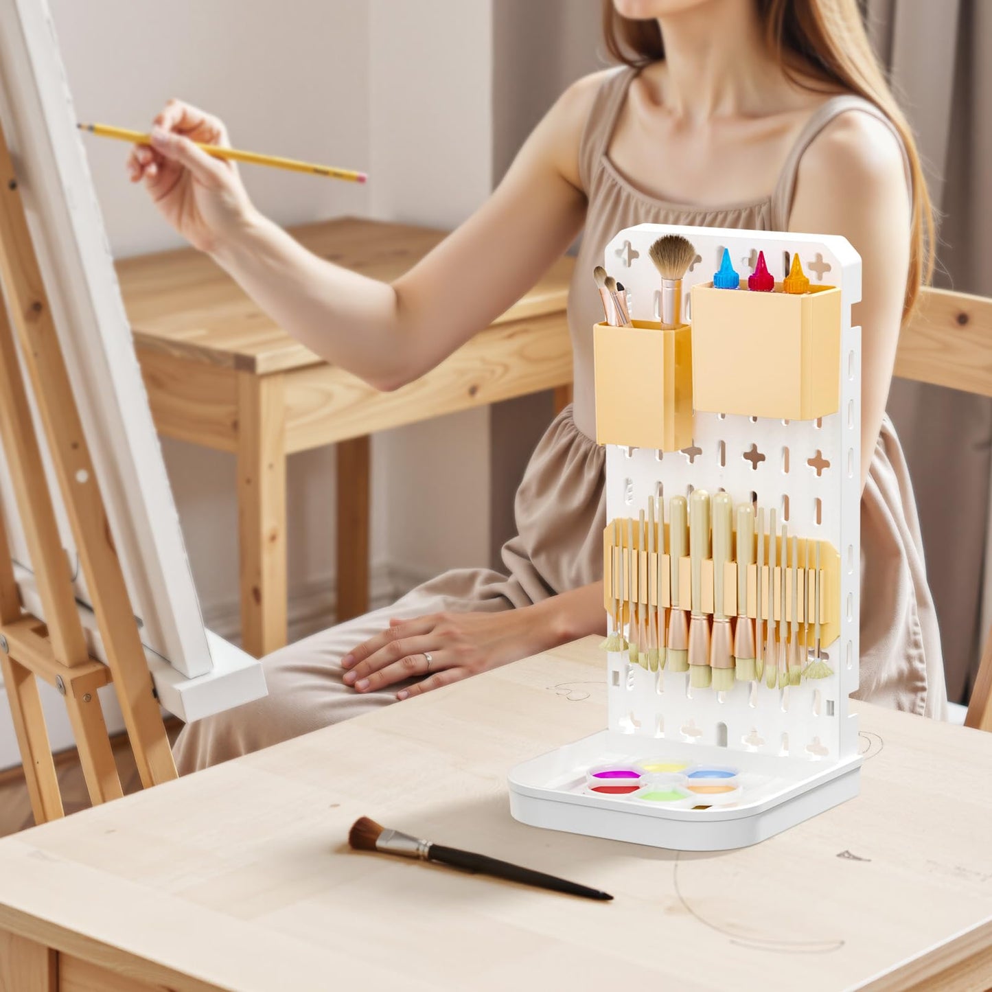 Paint Brush Holder with Drip Tray & Silicone Paint Brush Drying Rack,2 Removable Pegboard Bins for Artist Brush Holder,Paint Brush Stand White Pegboard for Desktop & Wall-Mount for Acrylic Paint Brush