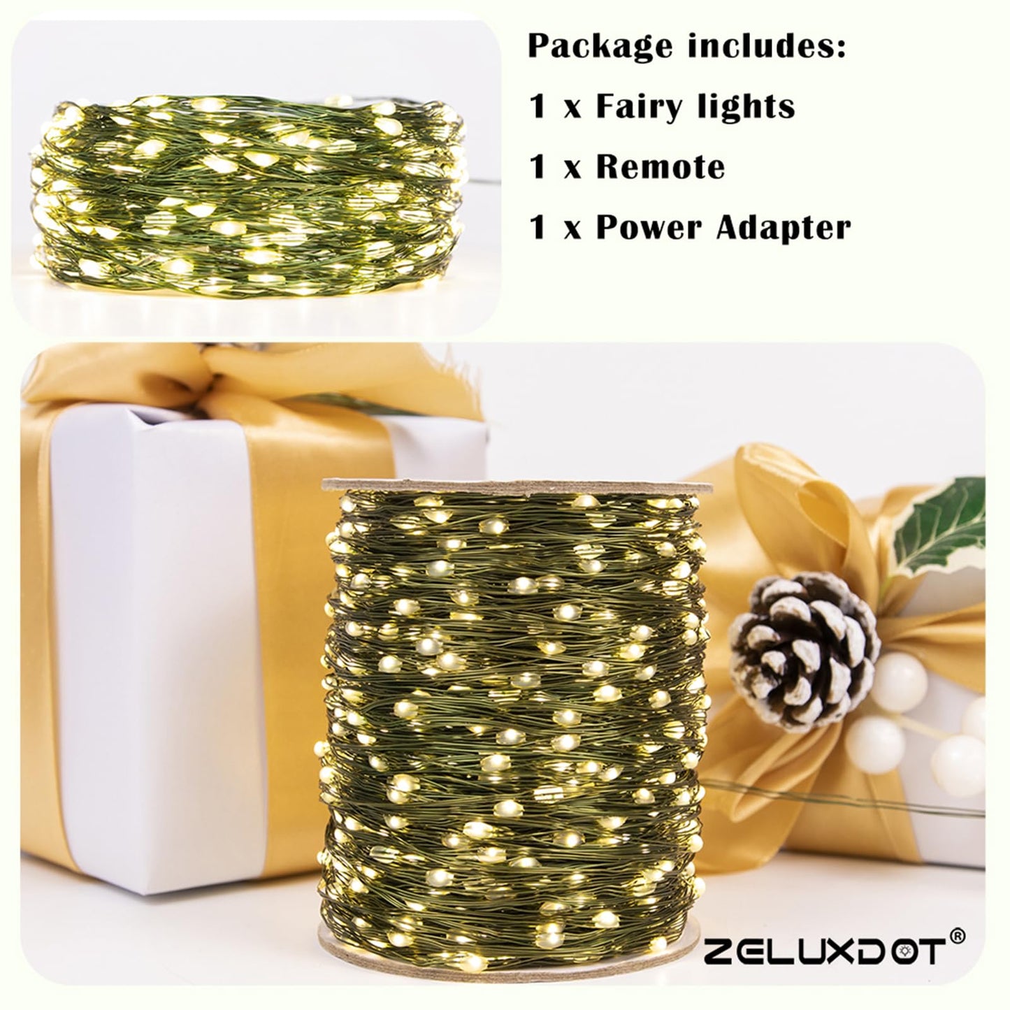 ZELUXDOT Fairy Lights Plug in,400FT 1200LEDs Waterproof Led String Lights,8 Modes Remote Twinkle Light for Outdoor Indoor Christmas Wedding Birthday Garden Party Decorations,Green Wire,Warm White