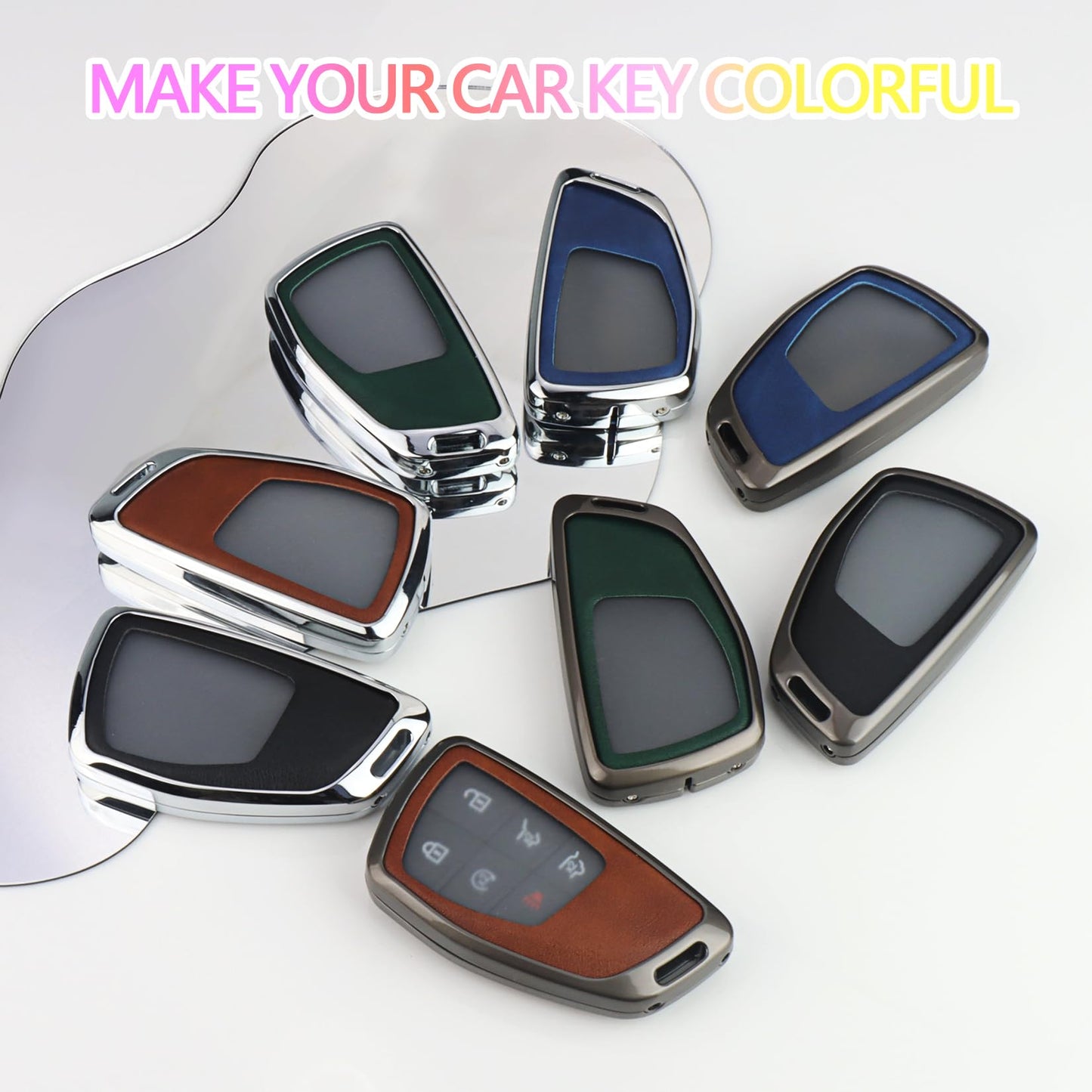 HEKBRYN for Chevy Key Fob Cover PU Leather, 3/4/5/6 Button Heavy Duty Car Key Case for Chevy 2022 2023 2024 2025 2026 GMC Sierra 1500 Suburban Tahoe Yukon Denali Silverado 2500HD(Silver-Brown)