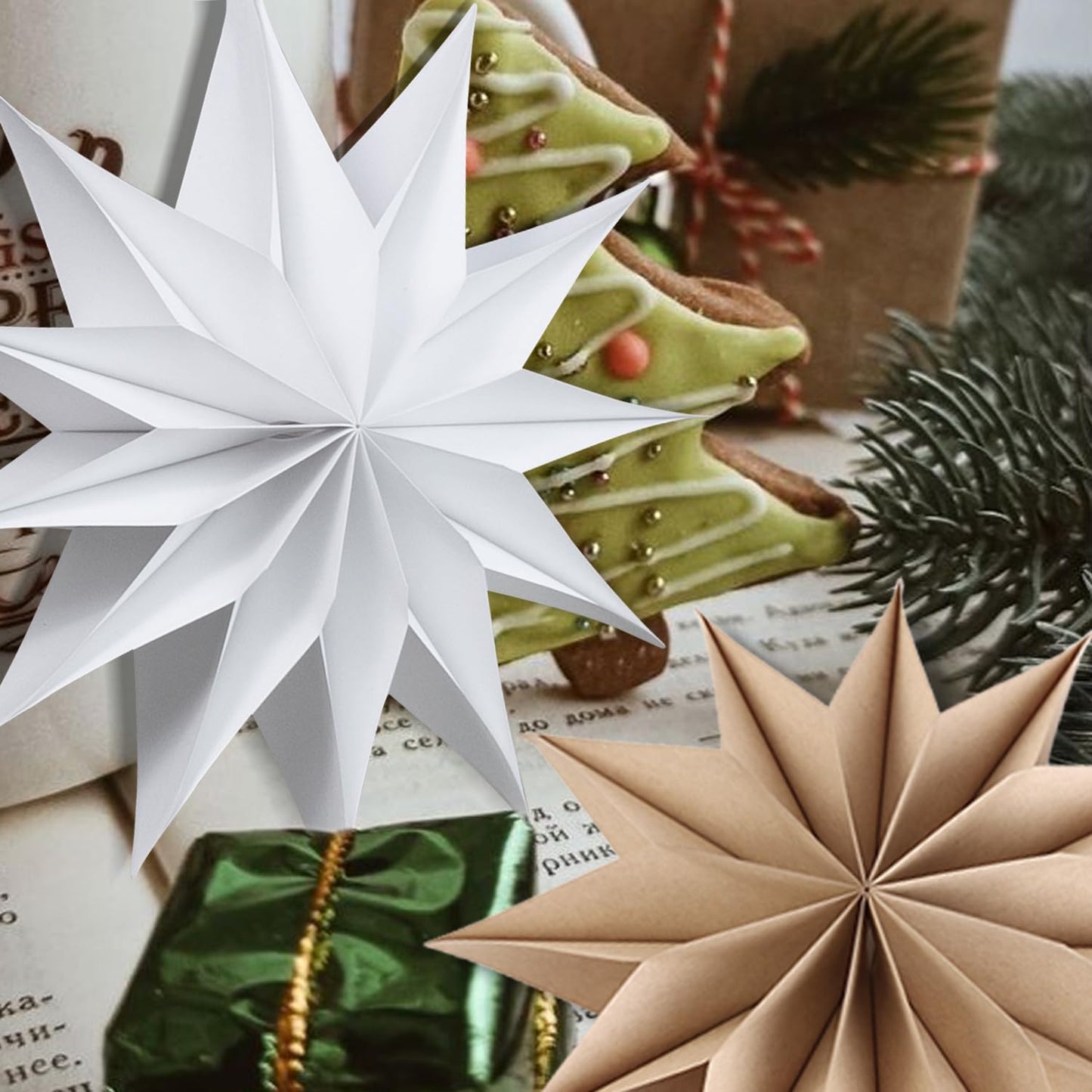 SUNBEAUTY 3 Pcs 12-Pointed Paper Star Brown Grey White Lanterns 12 Inch Christmas Hanging Lamp Shade Wedding Birthday Christmas Home Party Decorations
