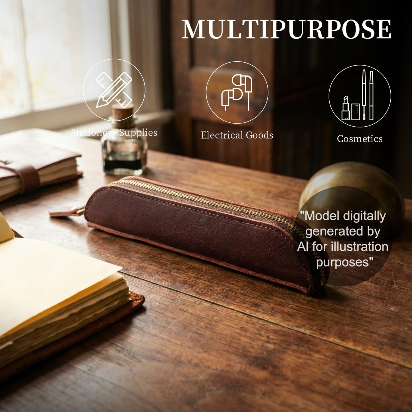 Gexmil Genuine Leather Pen Case, Full Grain Leather Mini Pencil Holder, Hand-made Stationery Bag for Work & Office, Vintage Style, Vegetable Tanned Leather