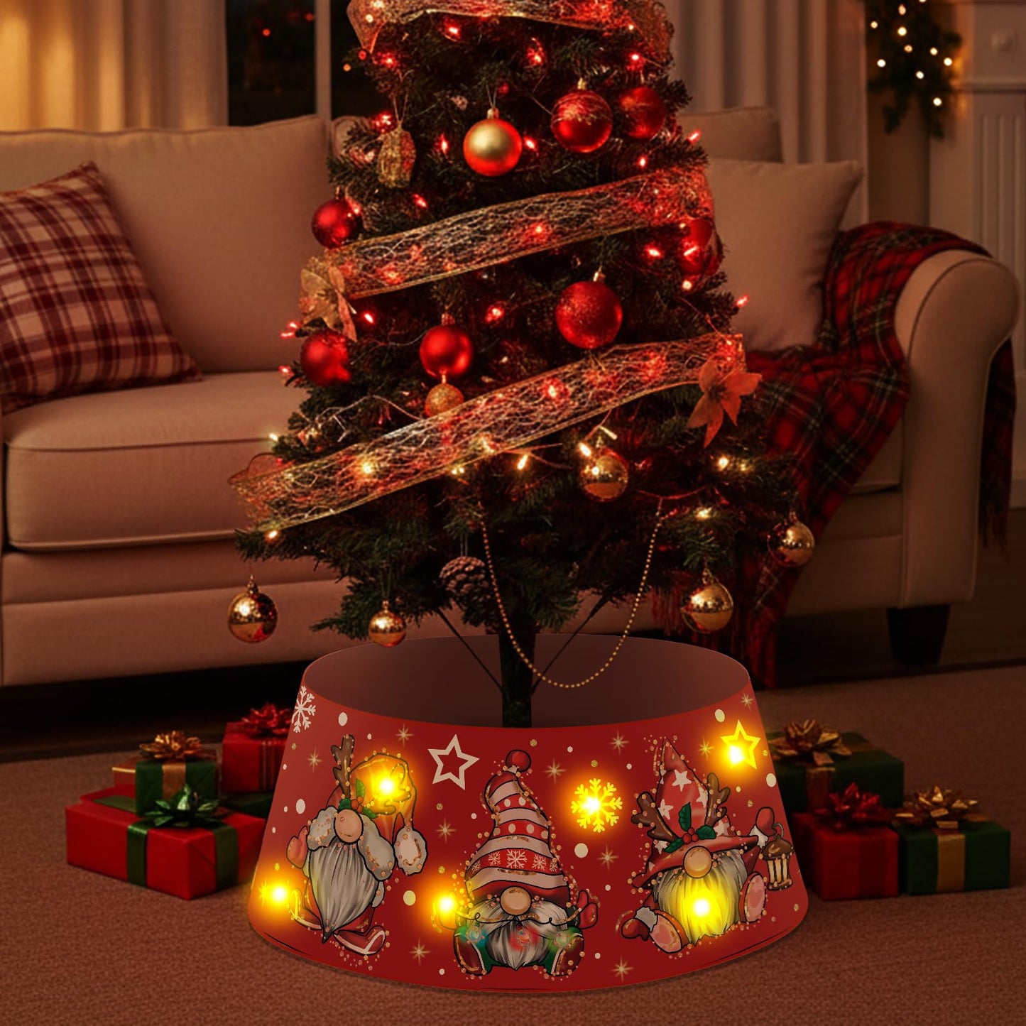 Christmas Gnome Tree Collar with LED Light Red Tree Skirt Ring Base Cover for Christmas Trees Decoration Holiday Indoor Outdoor