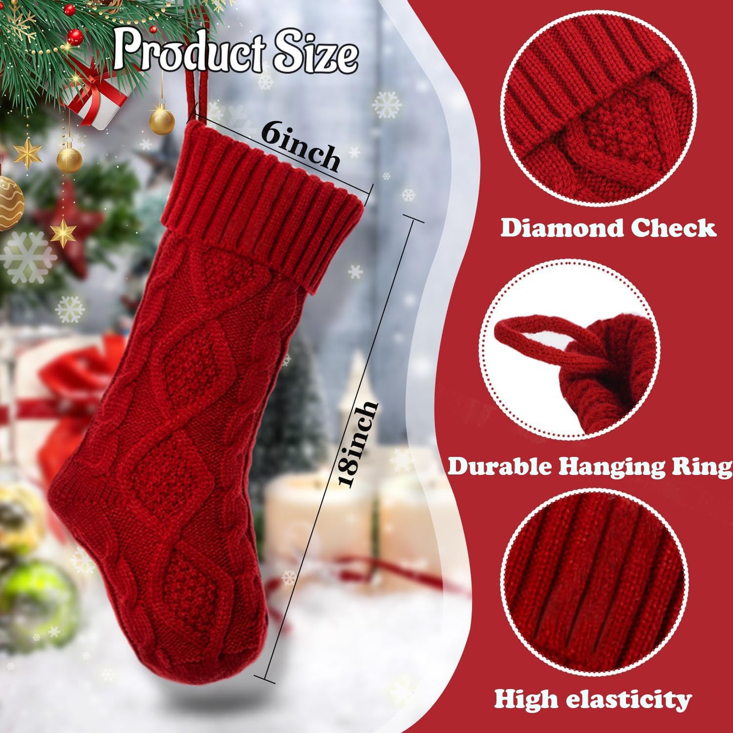OYB Christmas Stockings,18 Inches Knitted Christmas Stockings,Large Christmas Stockings,Decorations for Family Holiday Xmas Party(Red)