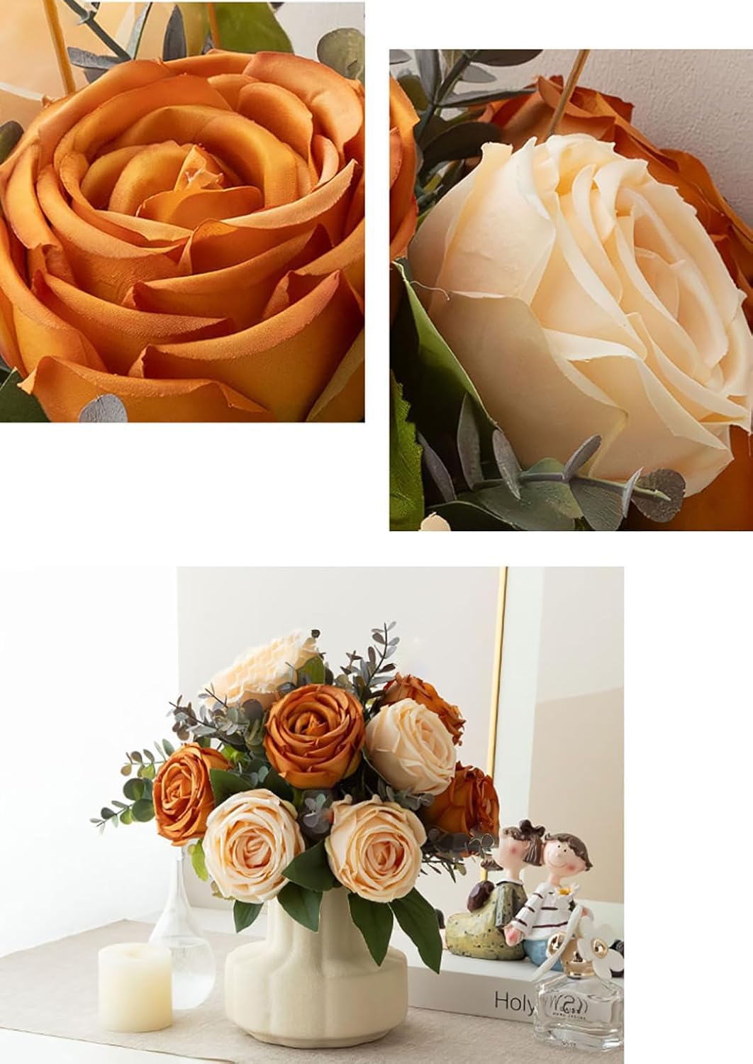 NAWEIDA Silk Roses Artificial Flowers in Vase,Fake Flowers with Vase,Faux Flower Arrangement with Vase for Home Office Decoration, Dining Table Centerpiece