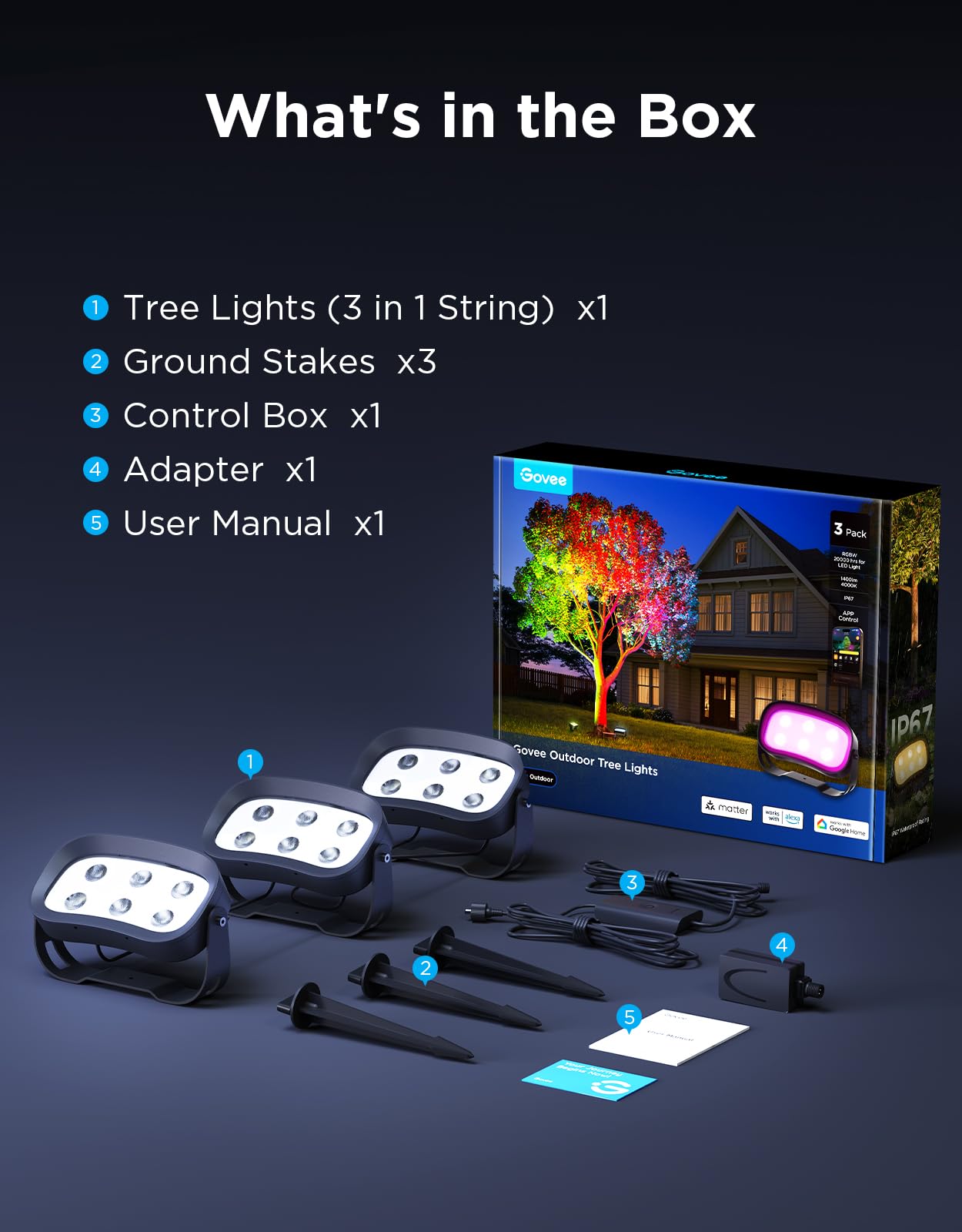 Govee Outdoor Tree Lights 3-Pack, RGBWIC LED Landscape Lighting, Outdoor Lights for Yard Garden Patio, 66 Scene Modes for Holiday Party and Event, App Control, Google Assistant, Matter