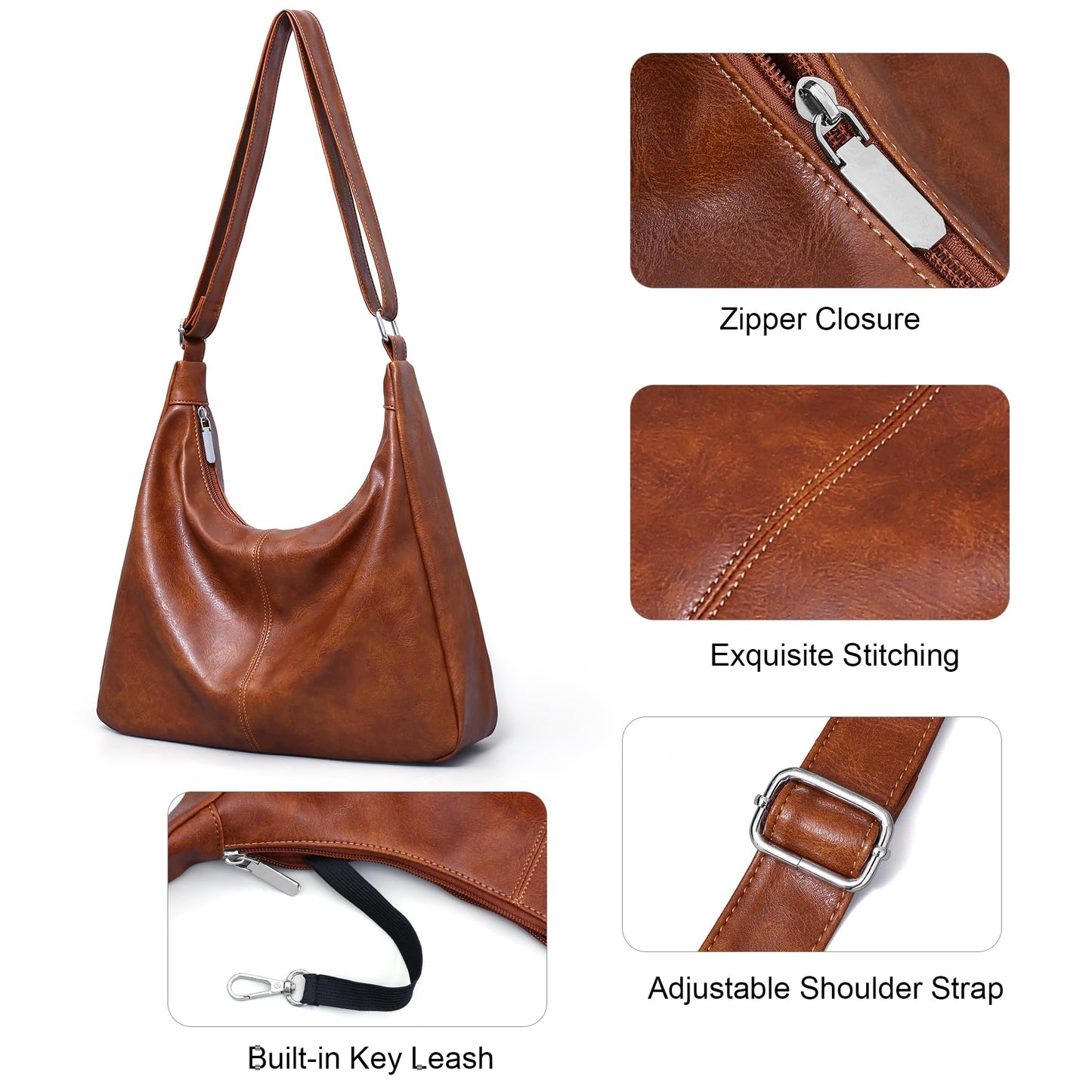 Hobo Bags for Women Vegan Leather Purses Slouchy Shoulder Bag Womens Tote Crossbody Foldable Ladies Handbag Brown