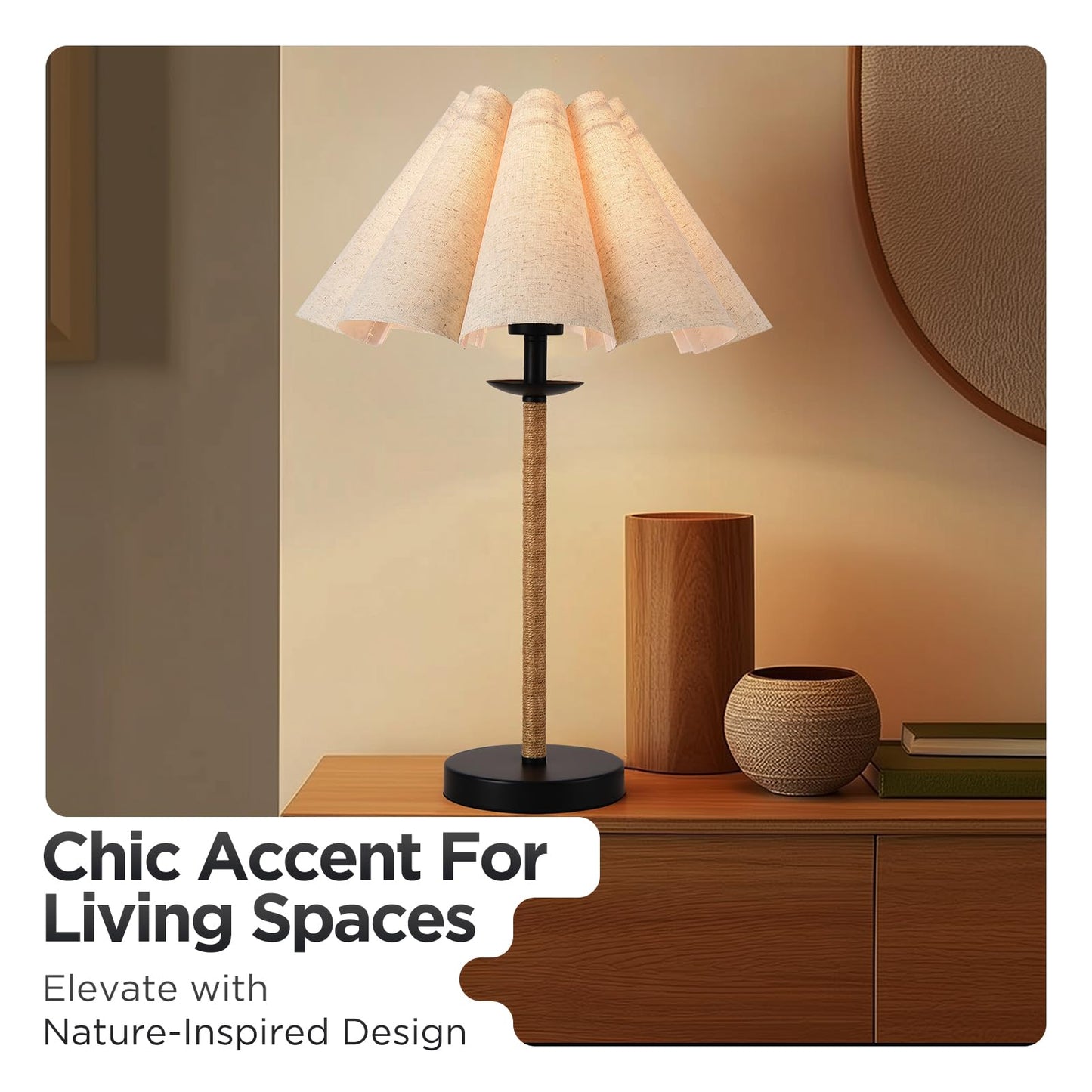 Fengarolam Boho Table Lamp,22.5" Farmhouse Minimalist Accent Lamp with Oatmeal Petal Shade & Handmade Rattan Rope Black Metal E26 Socket Base, Bedside Desk Lamp for Bedroom, Living Room,Home Decor