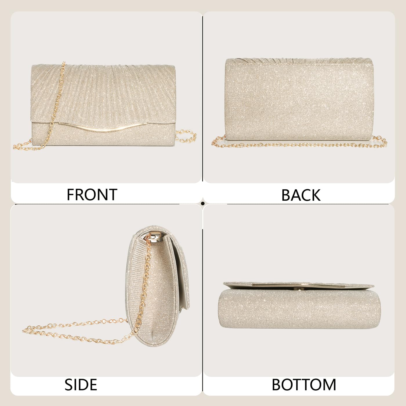 Clutch Purses for Women Formal Dressy Evening Bag Handbags Crossbody Bag for Wedding Cocktail Prom Party Elegance Charm (Champagne)