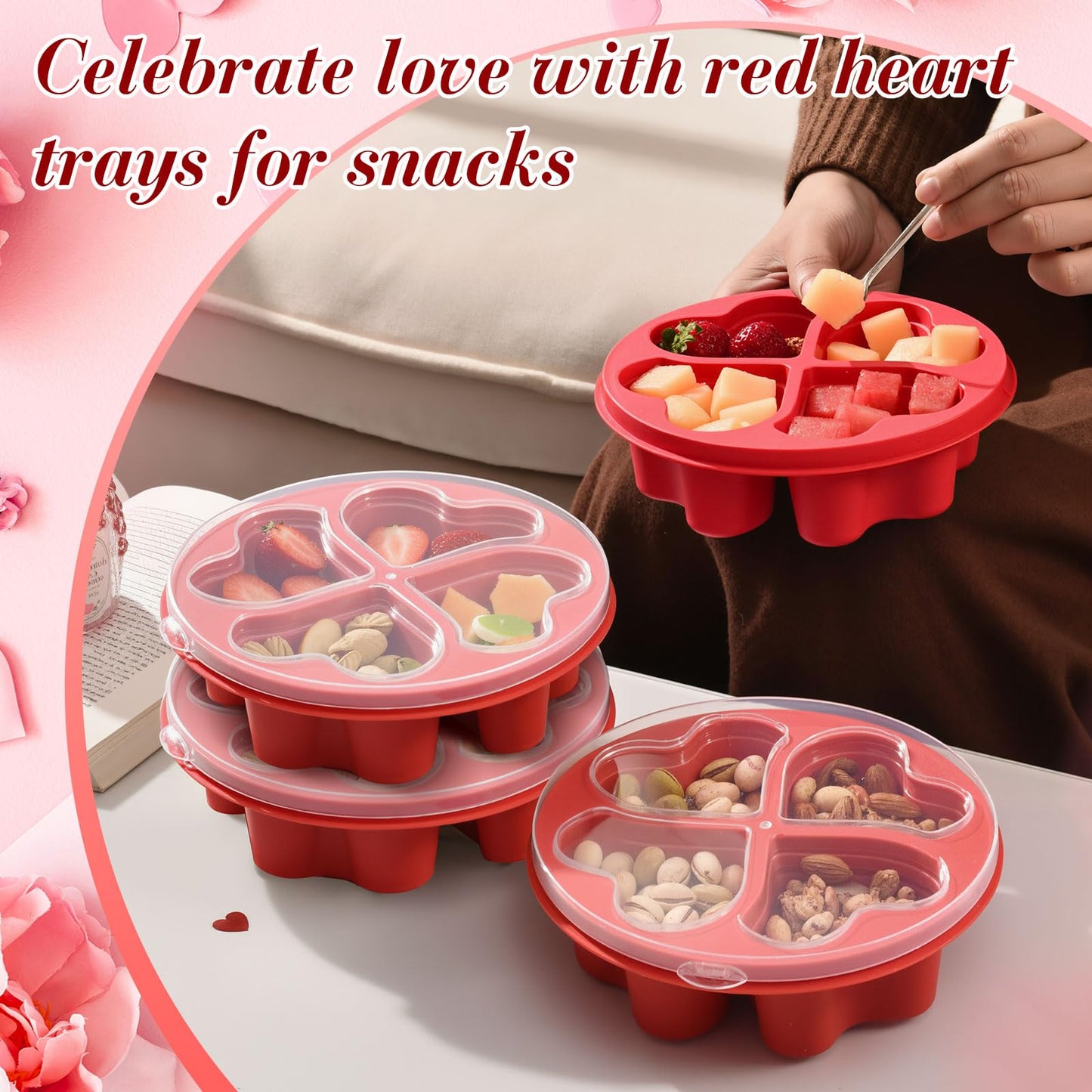 FoldTier 6 Pcs 6.8 Inch Valentine's Day Mini Snack Box Divided Dessert Serving Tray Heart Red 4-compartment Snack Container Box with Lids for Christmas Mother's Day Lunch Meal