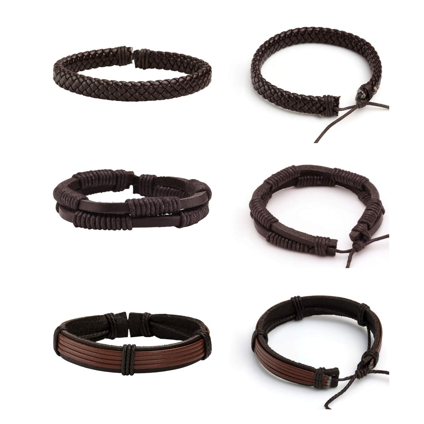 MILAKOO 6 Pcs Brown Braided Leather Bracelets for Men Women Cuff Wrap Wristbands