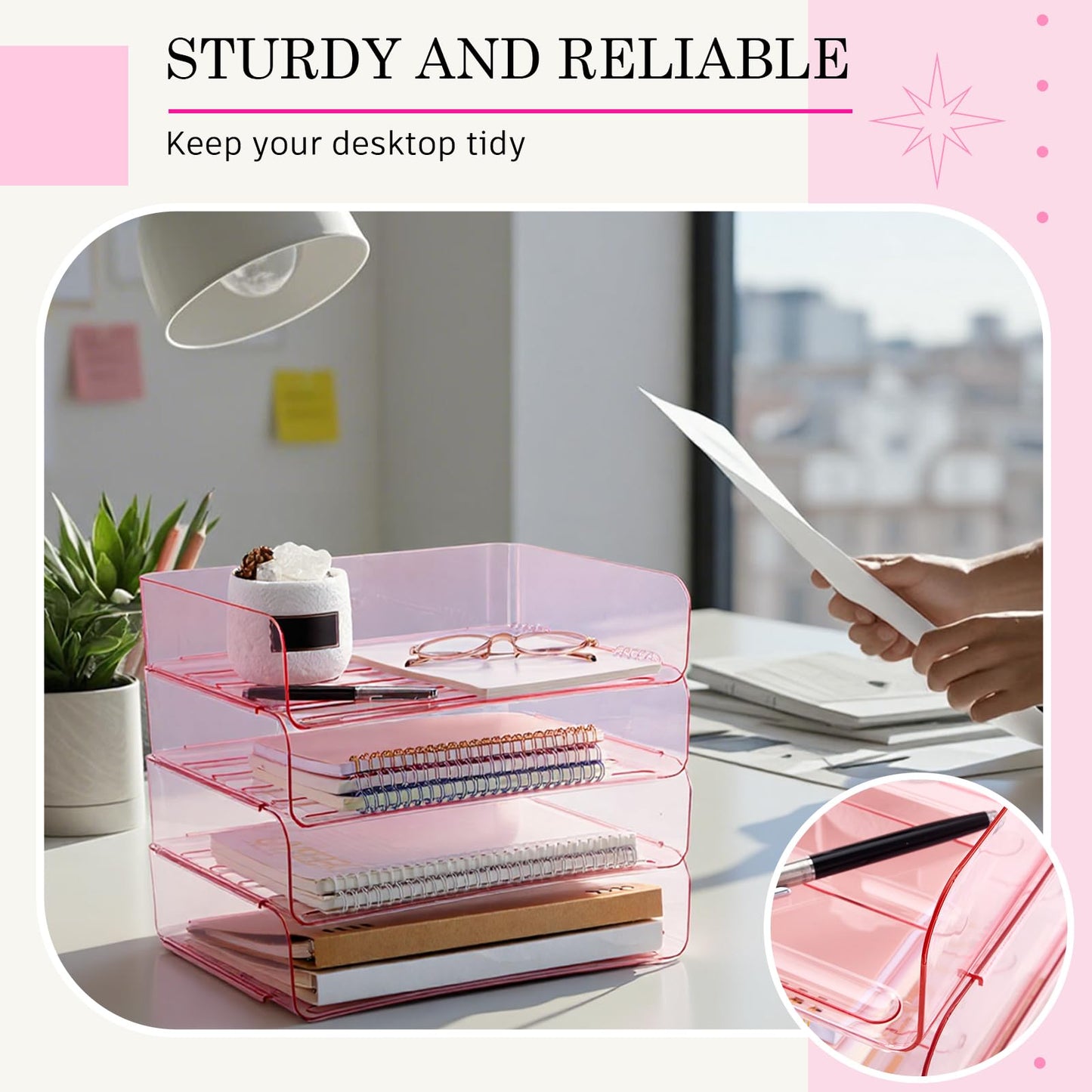 Harloon 4 Tier Acrylic Paper Tray 13 x 9.8 x 3 Inches Stackable Letter Clear Organizer No Need to Assemble Acrylic Paper Organizer File Tray for Office Workspace Desktop Storage (Transparent Pink)
