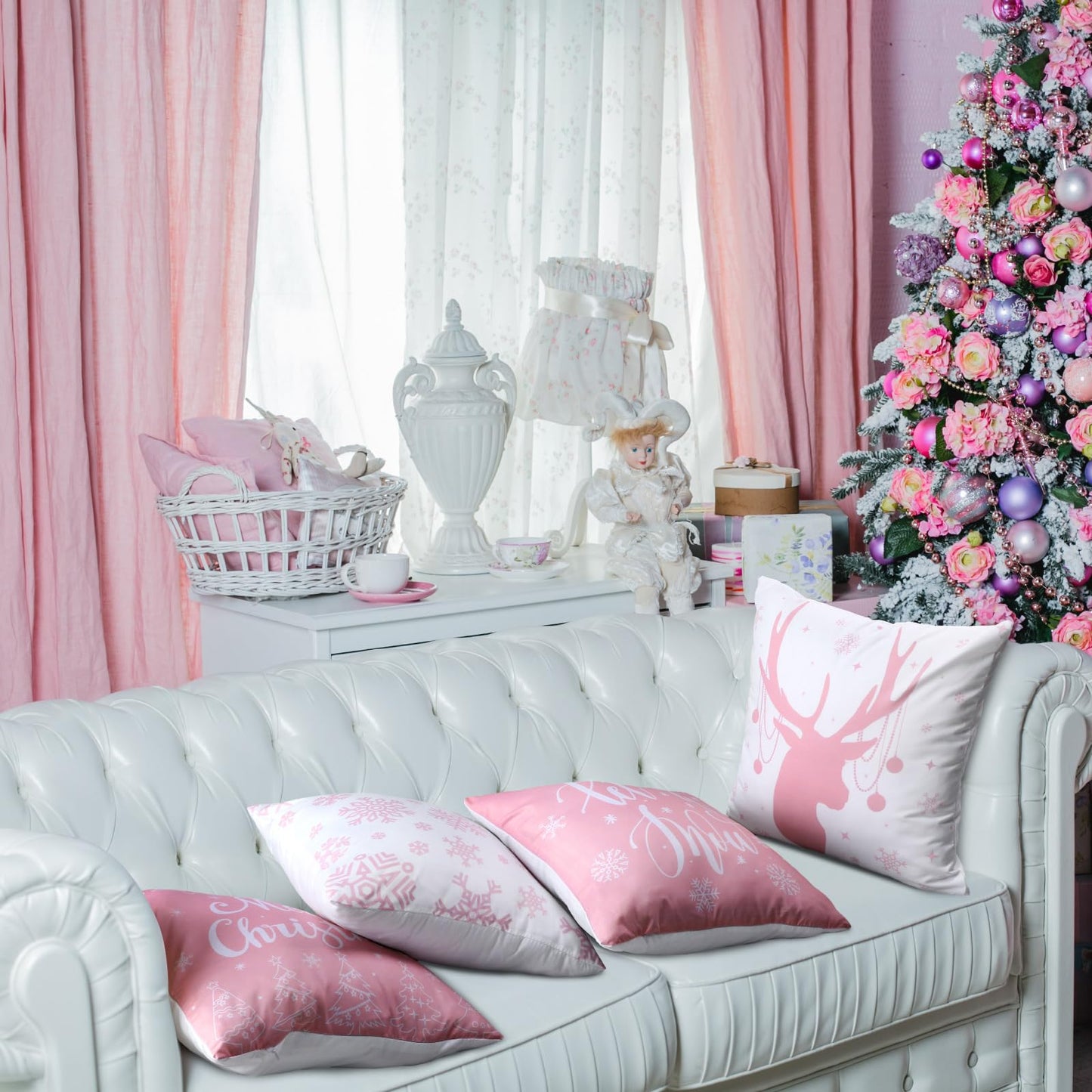 VitalCozy 6 Pcs 18 x 18 inch Christmas Throw Pillow Covers Xmas Cushion Covers Pillow Cases Snowflake Winter Throw Pillow Covers Christmas Decor for Bedroom Sofa Couch Cushion Square Home (Pink)