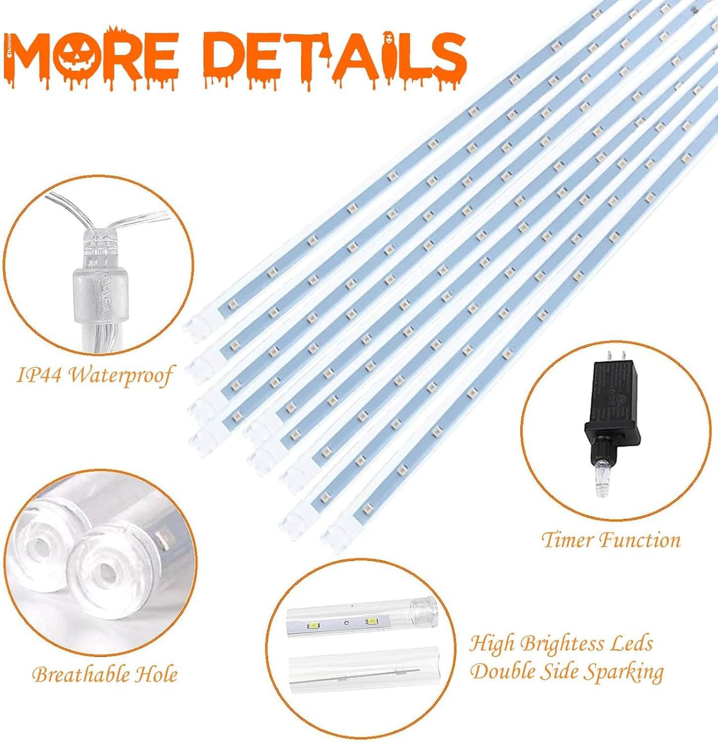 Outdoor Halloween Lights, 2 Pack Extendable Meteor Shower Lights Outdoor Waterproof with Timer, Total 432LED 18 Tubes Cascading String Light Plug in for Garden Halloween Yard (Orange Purple and Green)
