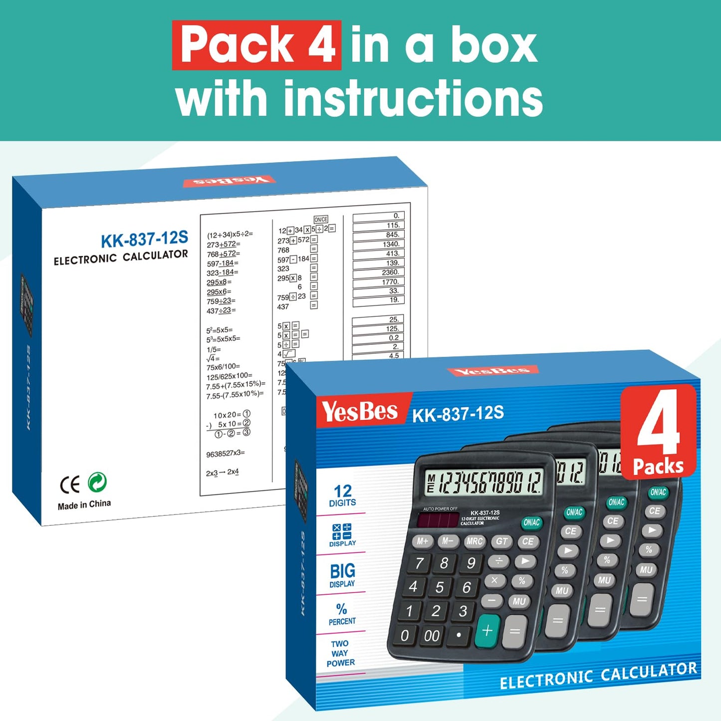 4 Pack Calculator Bulk, 12 Digits Calculators Desktop with Large LCD Display and Sensitive Butto, Solar and Battery Dual Power, Desk Calculator