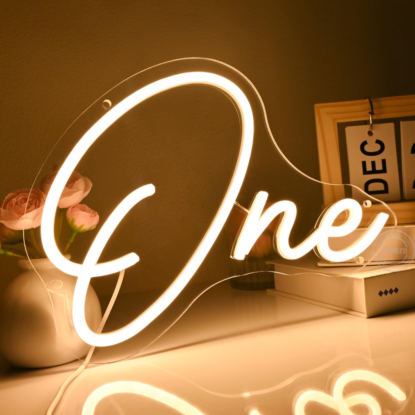 Planzo One Led Neon Sign Light 1th One Year Old Birthday Baby Cave Backdrop Bedroom Wall Sign Decor Banner Wedding Party Decor Gifts USB 11.81"x8.66" Warm White