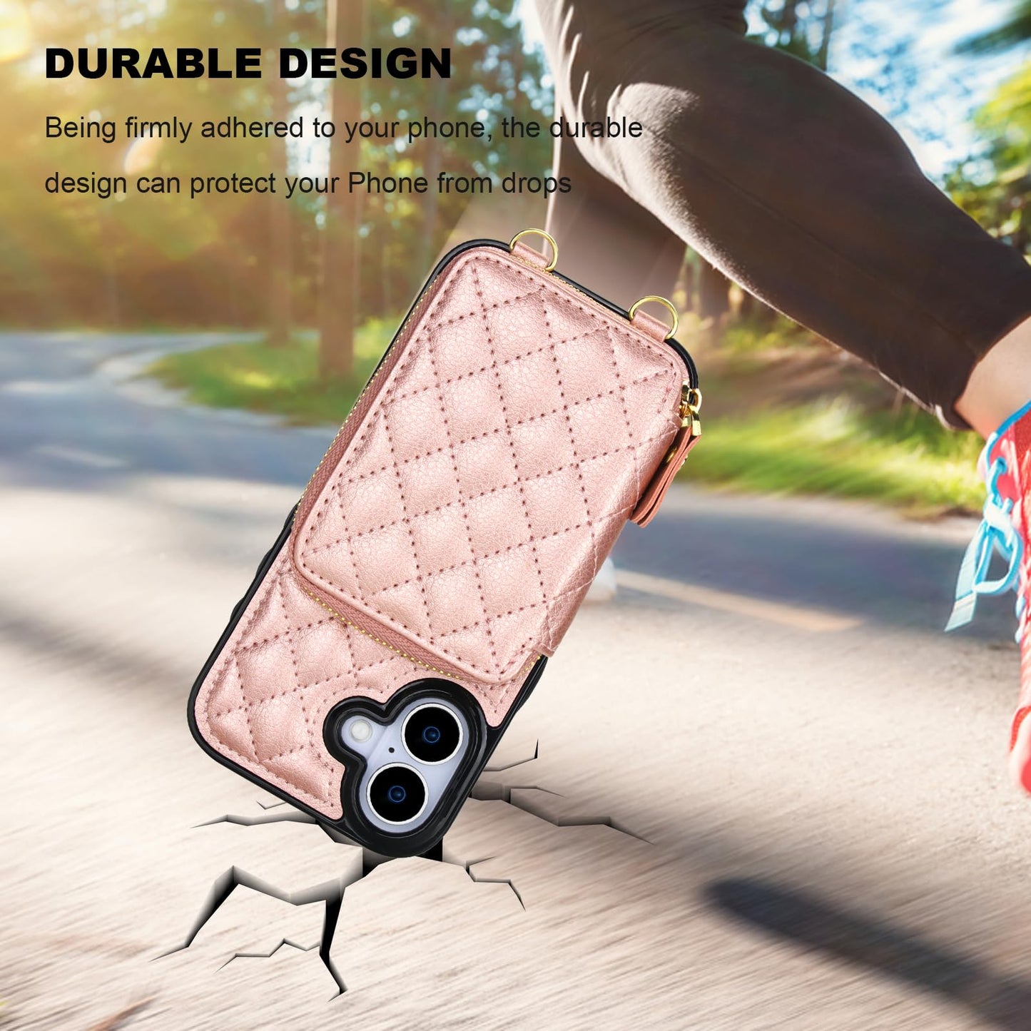 Bocasal Crossbody Wallet Case for iPhone 17, RFID Blocking PU Leather Zipper Handbag Purse Flip Cover, Kickstand Folio Case with Card Slots Holder Wrist Strap Lanyard 5G 6.3 Inch (Rose Gold)