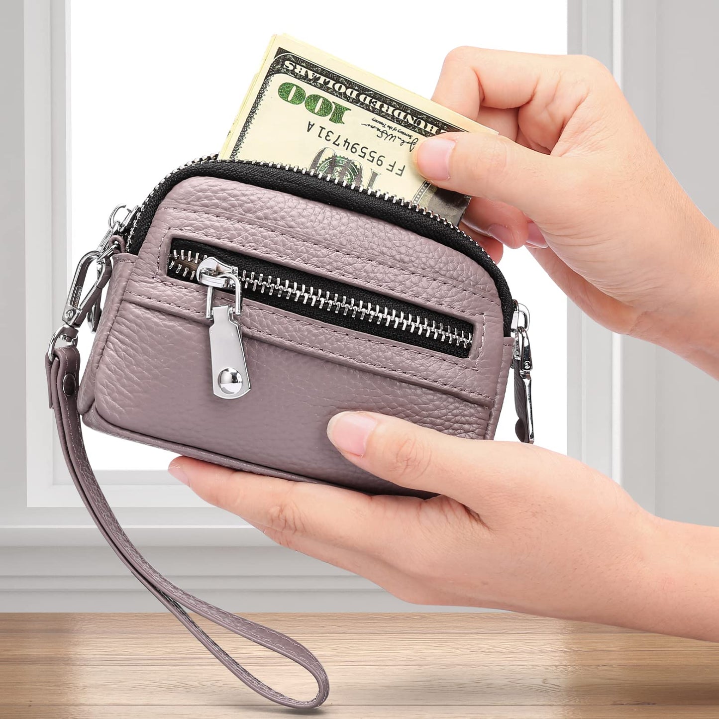 SENDEFN Coin Purse for Women Leather Wristlet Double Zip Around Small Change Pouch