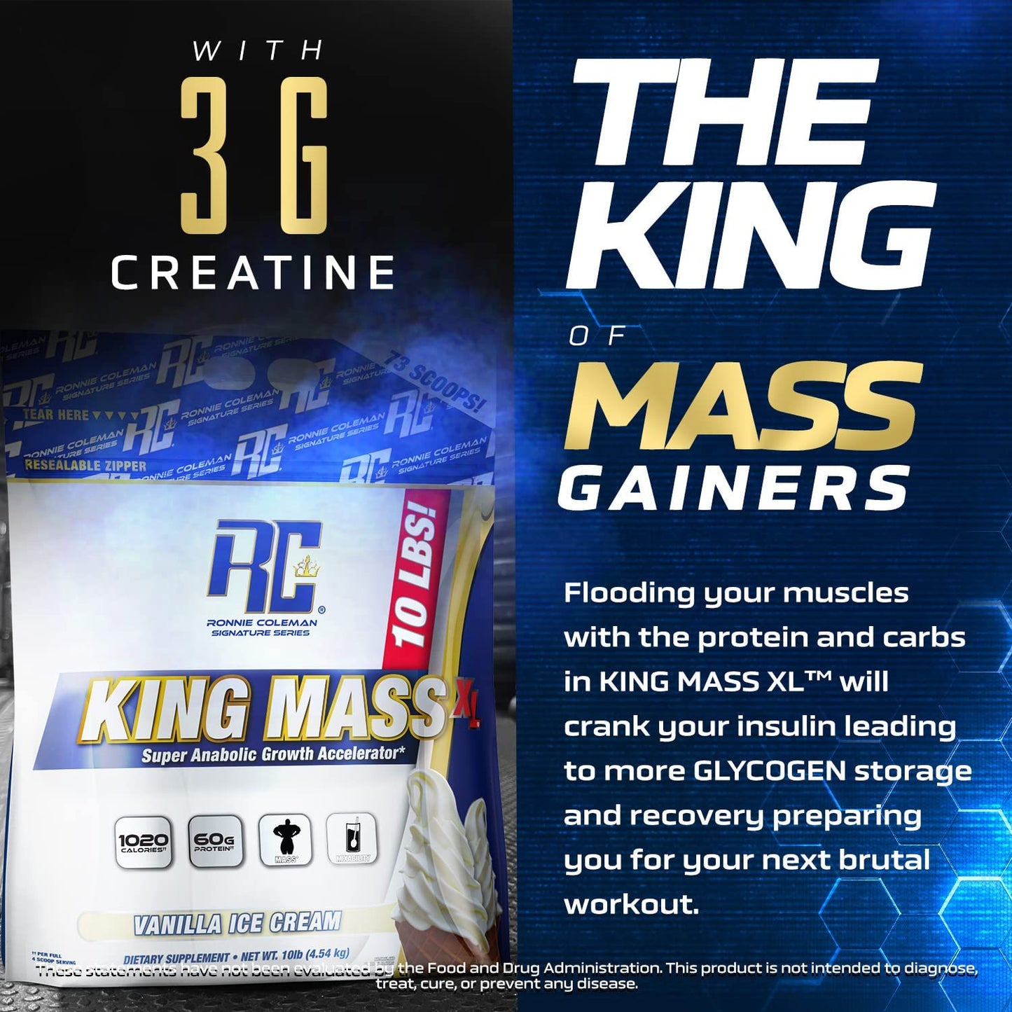 Ronnie Coleman Signature Series King Mass XL Mass Gainer Protein Powder – Dark Chocolate Weight Gainer with 60g Protein, 180g Carbohydrates, 1,000+ Calories, Creatine & Glutamine – 10 Pound