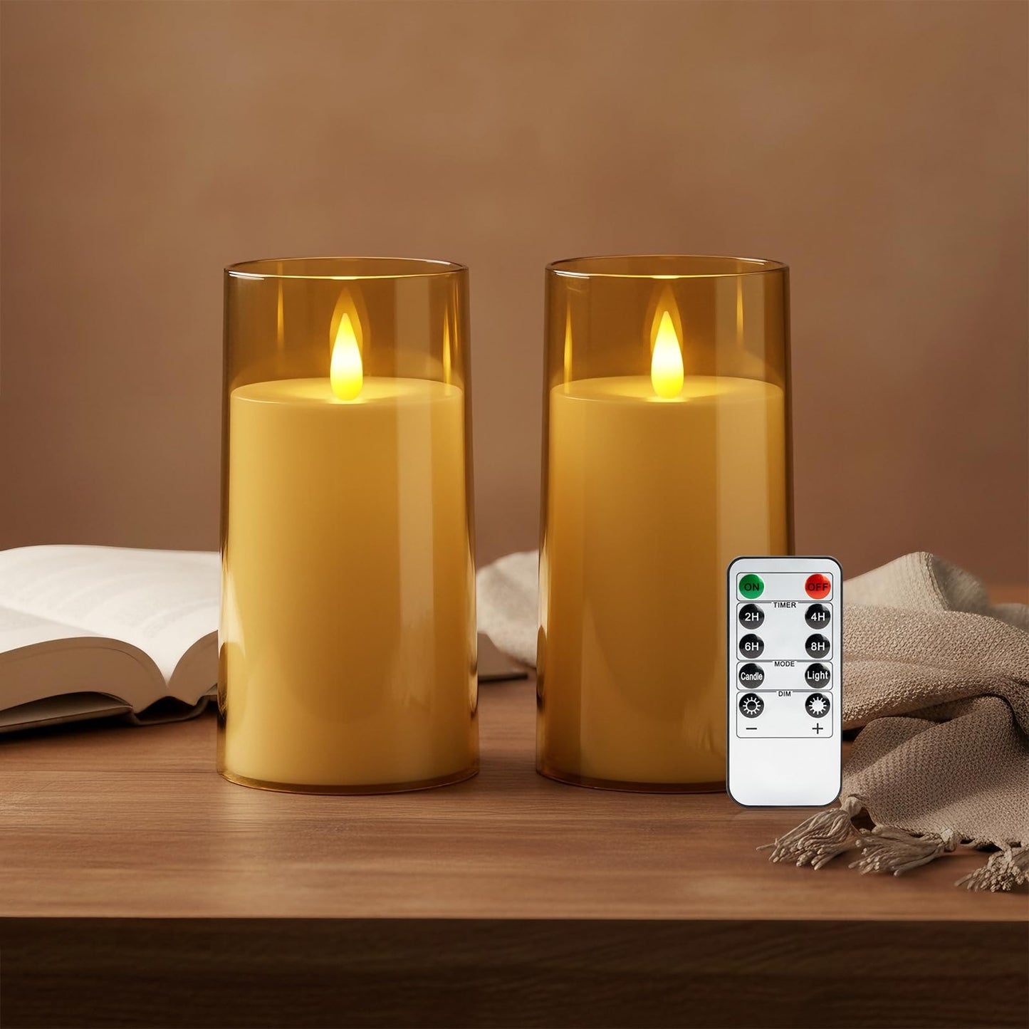 Raycare Flameless Electronic Pillar Candles with Remote Control and Timer- Battery Operated Realistic Flickering LED Fake Candle for Home, Wedding, Valentine's Day Decor, Gold,Set of 2(3"x6"6")