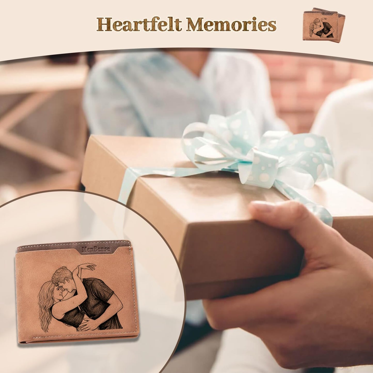 YVD Personalized Wallets for Men, Custom Photo Picture Engraved Bifold Wallet, Premium PU Leather Mens Wallet, Anniversary Birthday Gifts for Husband Dad Him (Light Brown)
