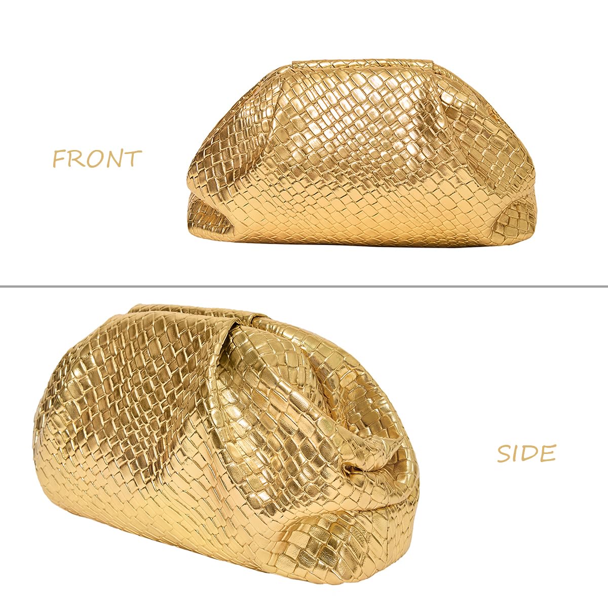 MXCMXC Women’s Woven Evening Bag Clutch Purse, Elegant Dumpling Handbag PU Leather Ruched Bag for Party Cocktail Wedding (Gold)