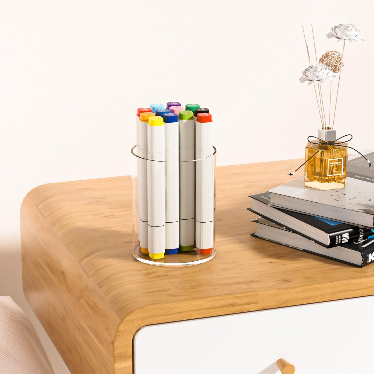 Hexsonhoma Clear Acrylic Pen Holder Round Shape, Desktop Pencil Cup Holder, Countertop Stationery Organizer for Office Desk Accessory