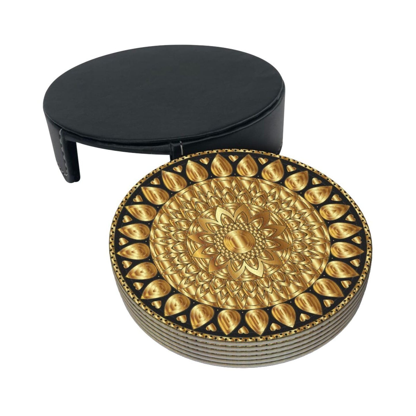 BOXIMIAO Drink Coasters with Holder Stand Set of 6, Pu Leather Absorbent Coasters with Cork Base Table Coaster Round Coasters for Housewarming Apartment Kitchen Bar Decor Mandala Art Floral Gold