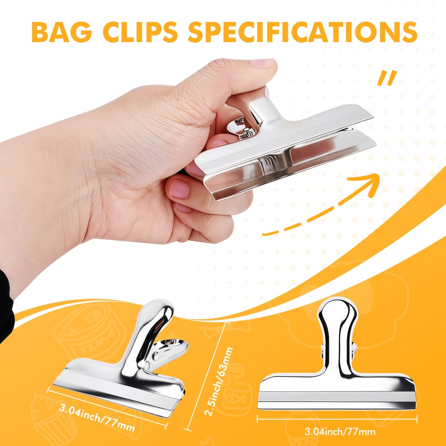 Chip Clips, 12Pcs Sliver Metal Bag Clips for Food Packages, Snack Chip Clip for Bags, Kitchen Snack Bag Clip for Food Packages and Office Home, 3 Inches