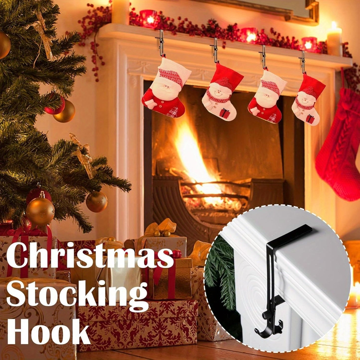 Garland Hanger and Stocking Mantel Holders, 4 PCS Christmas Stocking Holders for Mantle-Adjustable Christmas Metal Hooks Garland Hanger for Hanging Stocking Garland Balls Fireplace Decoration Supplies
