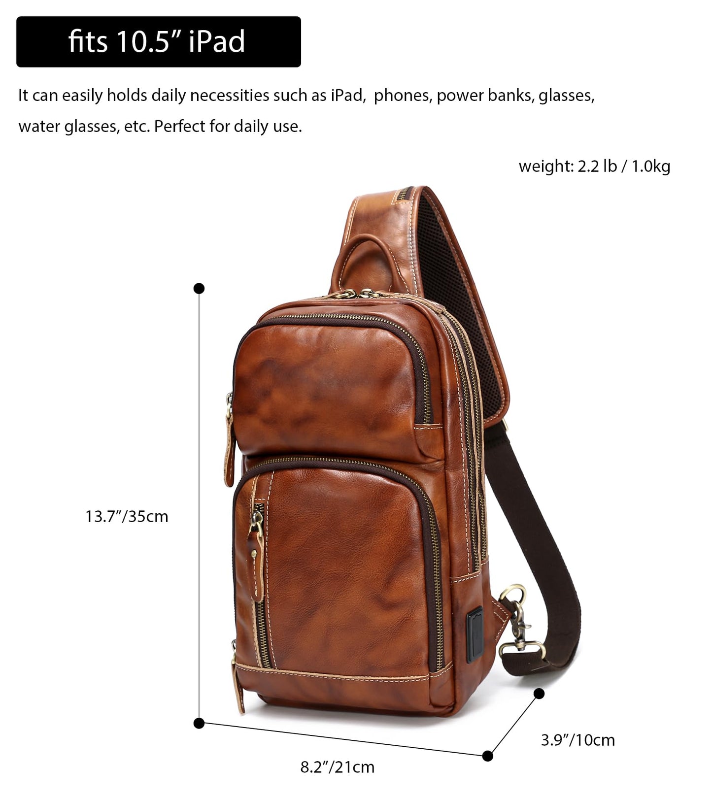 LANNSYNE Vintage Genuine Leather Sling Bag For Men, Crossbody Chest Daypack fits 10.5" iPad