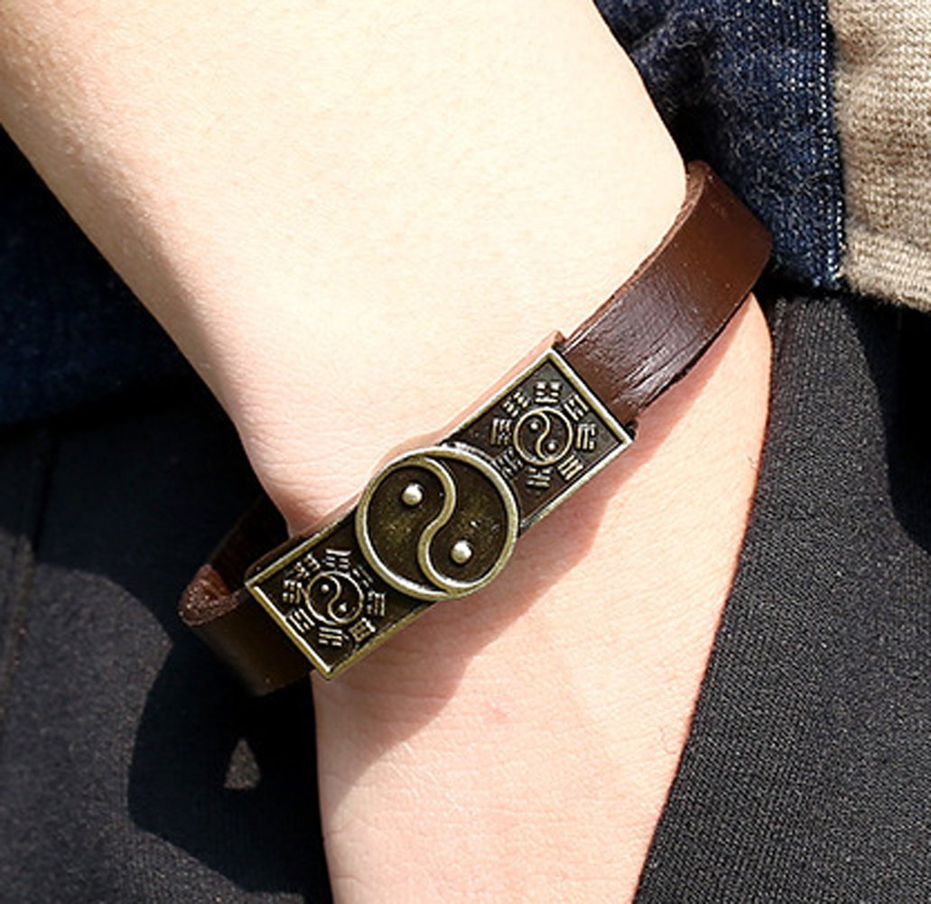 Hamoery Men Punk Alloy Leather Bracelet Taiji Bracelet Bangle Wristband(Taiji)