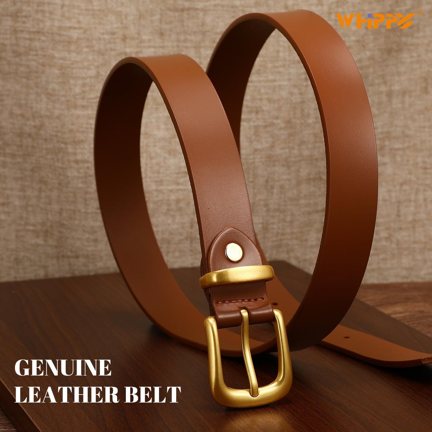 WHIPPY Womens Genuine Leather Belts for Jeans Pants Fashion Vintage Ladies Leather Belt with Gold Buckle, Cognac, S
