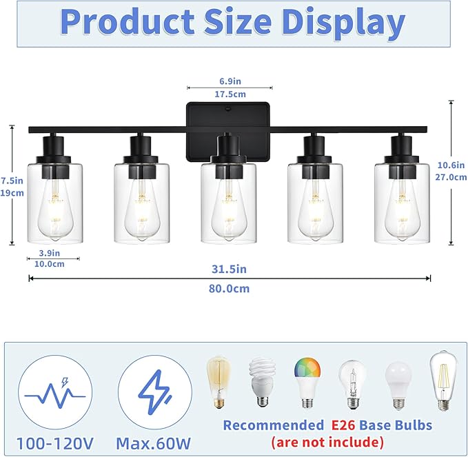 Bathroom Vanity Light Fixtures,5-Light Black Wall Lights for Living Room,Bathroom Light Fixtures Over Mirror,Wall Lamps for Bedroom with Clear Glass Shade for Hallway,Kitchen,Cabinet