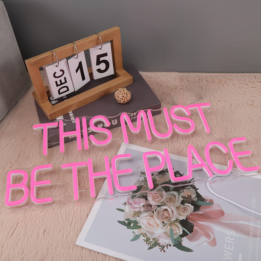 Britrio This Must Be The Place Neon Sign for Bedroom Wall Decor Light Up Word Neon Light Sign Home Pub Club Cafe Shop Bar Hotel Salon Window Party Wedding Birthday Gift 5V USB Pink