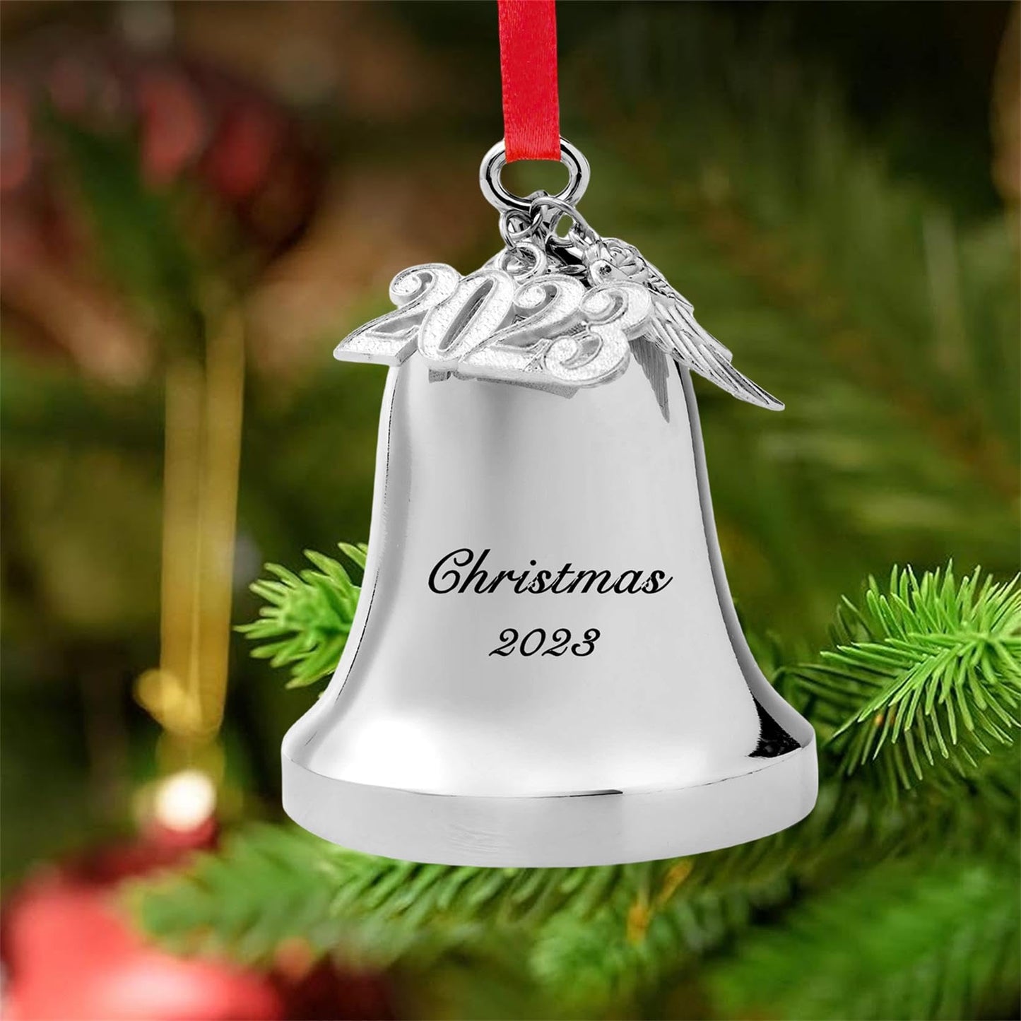 FKOG Silver 2026 Christmas Bell & Sleigh Bell Ornament with Angel Wings Wedding Anniversary Newlywed Married Memories Decoration Gifts (2026 Christmas Bell and Sleigh Bell)