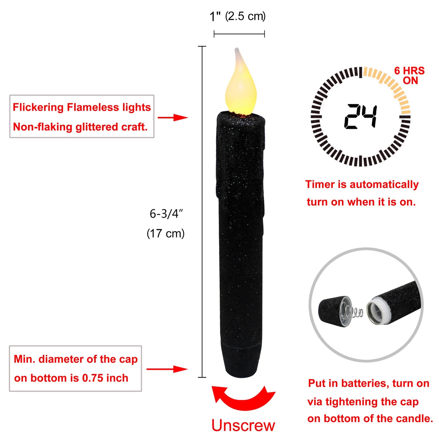 CVHOMEDECO. Glitter Flameless Candles Flickering Battery Operated LED Taper Candles with Timer for Home, Wedding, Halloween, Christmas Decor. Black, 6-3/4 Inch, Set of 2
