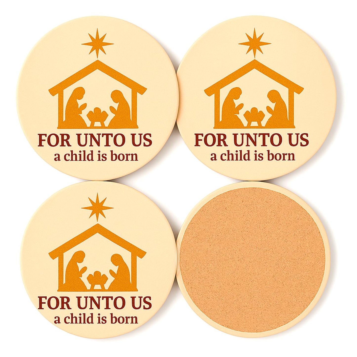 for Unto Us A Child is Born Nativity Scene Christmas Coasters Set of 4, Absorbent Ceramic with Non-Slip Cork Backing – Christian Religious Holiday Drink Coasters for Coffee Table, Home, Church Decor
