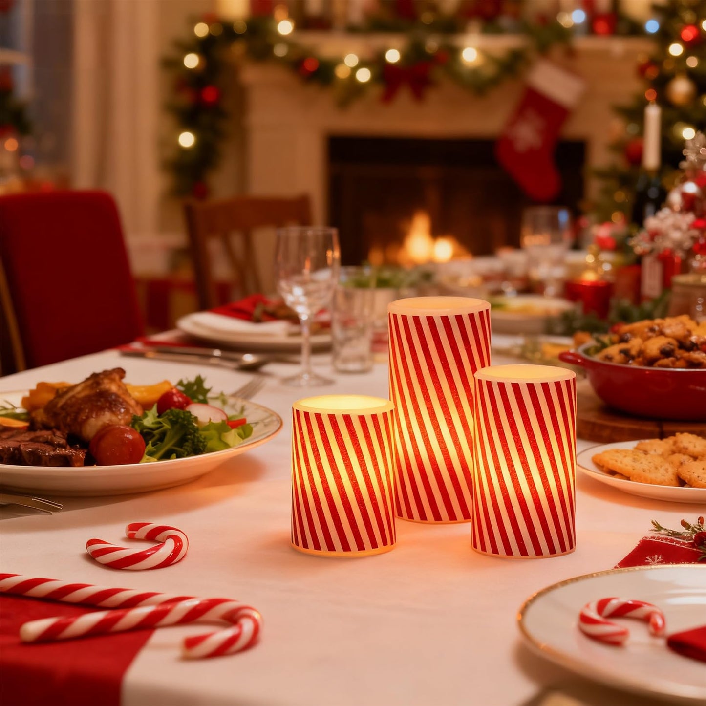 Wondise Christmas Red Stripes Glitter Flickering Flameless Candles with 6H Timer, Battery Operated Pillar Candles, Real Wax LED Candles for Home Christmas Decoration Gift(D3 x H4 x5 x6)