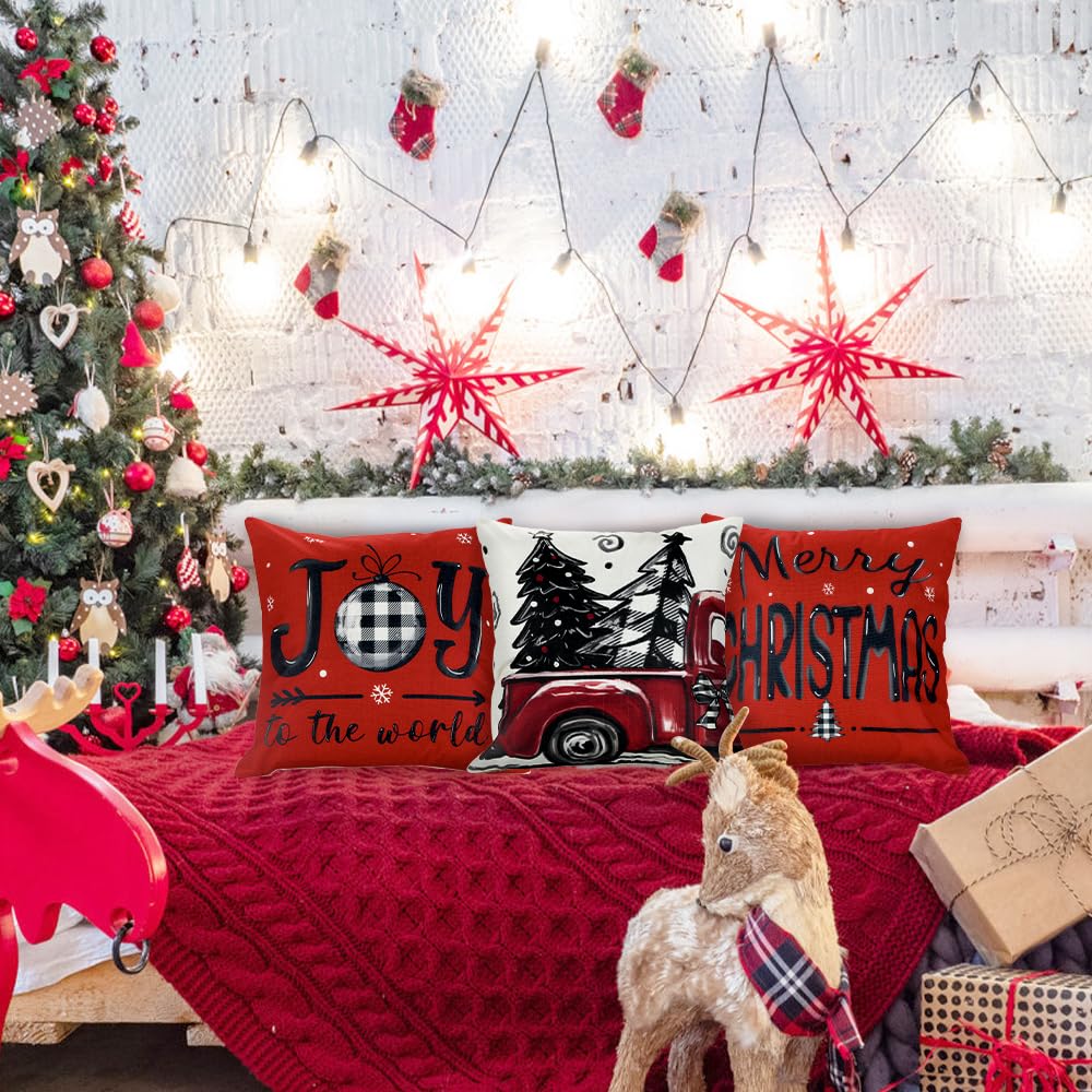 DIYDEC 4pcs Christmas Pillow Covers 18x18 Inch Red Pillow Covers Xmas Decorations Buffalo Tree Truck Merry Christmas Pillows Winter Holiday Farmhouse Seasonal Throw Case Decor for Sofa Couch