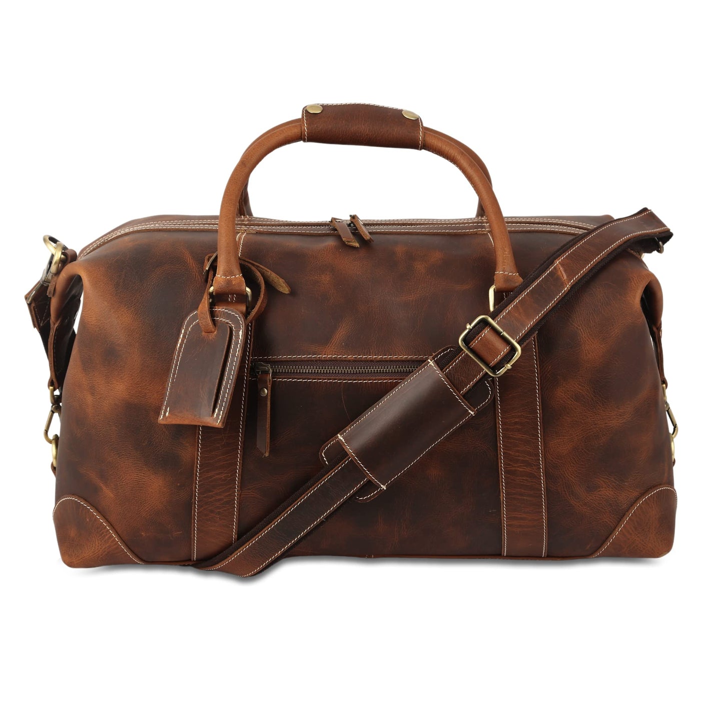 KomalC Leather Travel Duffle Bags for Men and Women Overnight Weekend Bag, Sports Gym Duffel (Dark Tan)