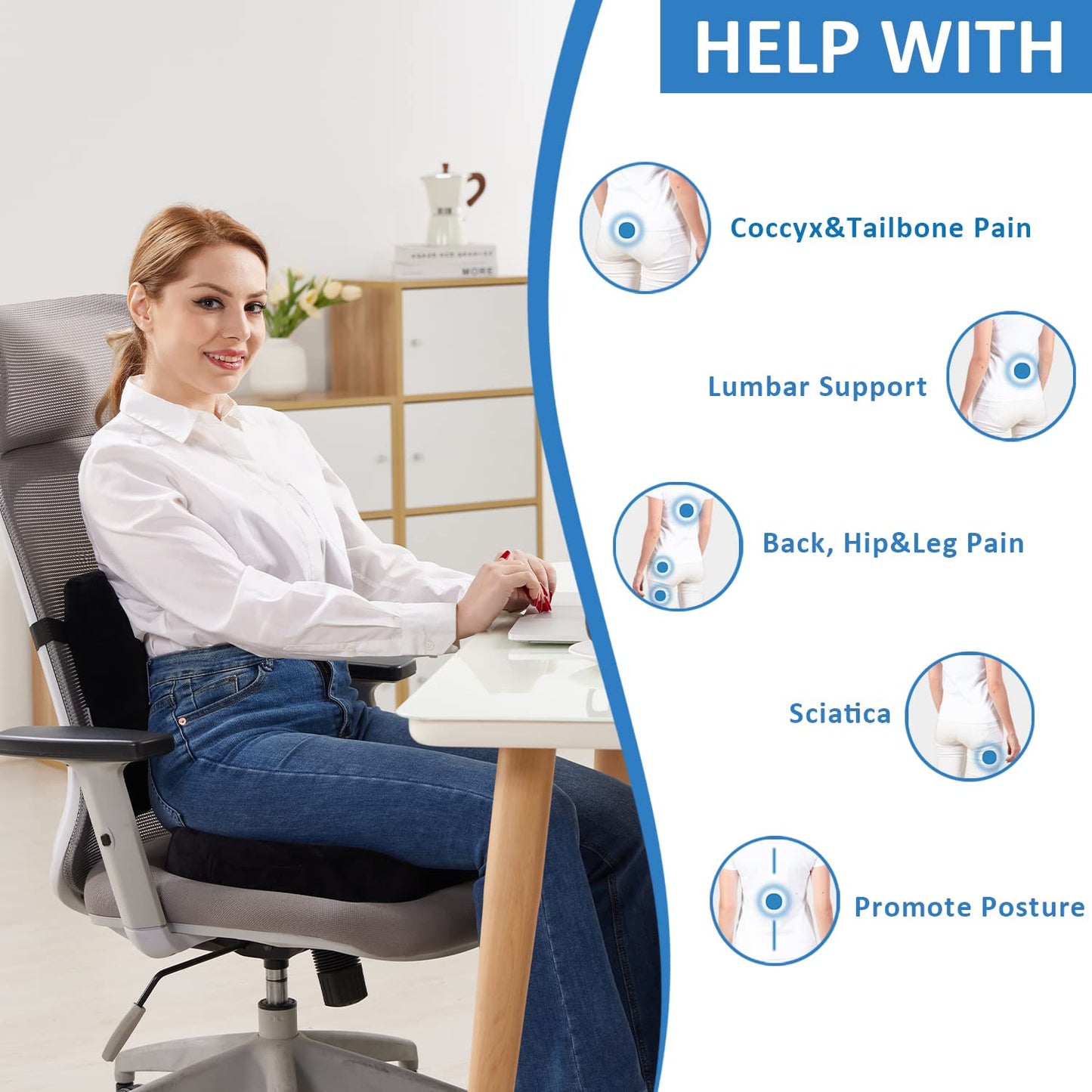 SAIREIDER Seat Cushion and Lumbar Support Pillow for Office Chair, Memory Foam Car Seat Cushions Back Support Pillows, Help Relieve Pain of Back, Lumbar, Tailbone and Sciatic Nerve(Black)